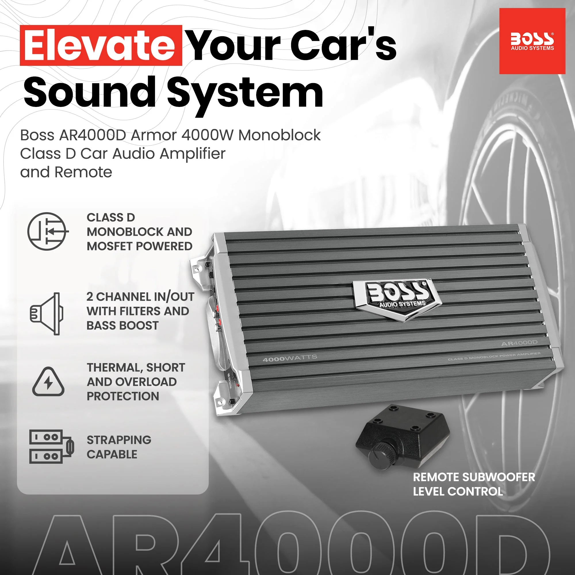 Boss AR4000D Armor 4000W Monoblock Class D Car Audio Amplifier Amp and Remote - Image 2