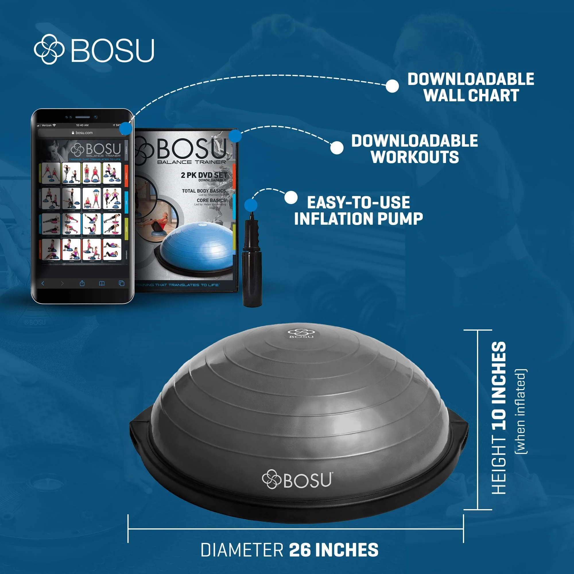 BOSU BT Pro Exercise Ball, Balance Fitness Inflatable Home Gym Equipment, Grey - Image 2