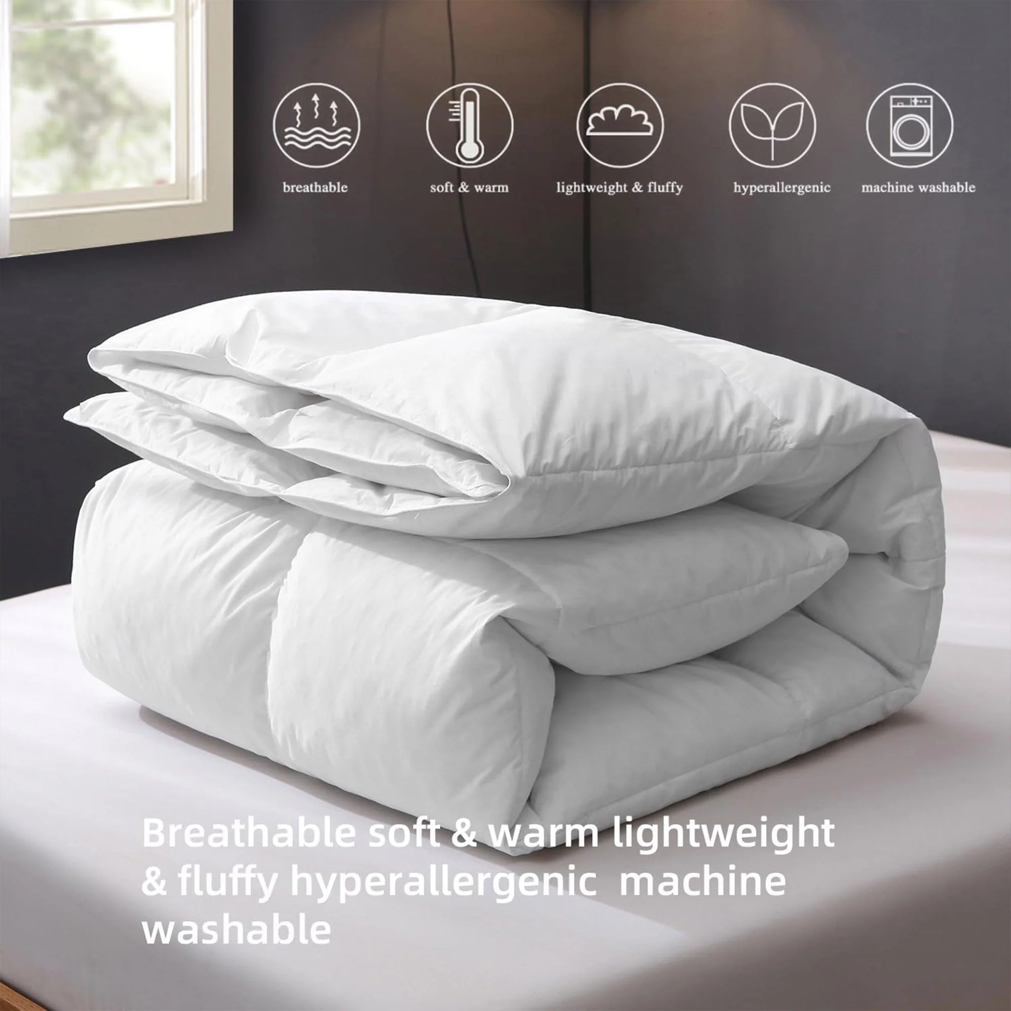 BPC 90 x 90” Queen Sized Lightweight All Season Feathers Down Comforter, White - Image 5