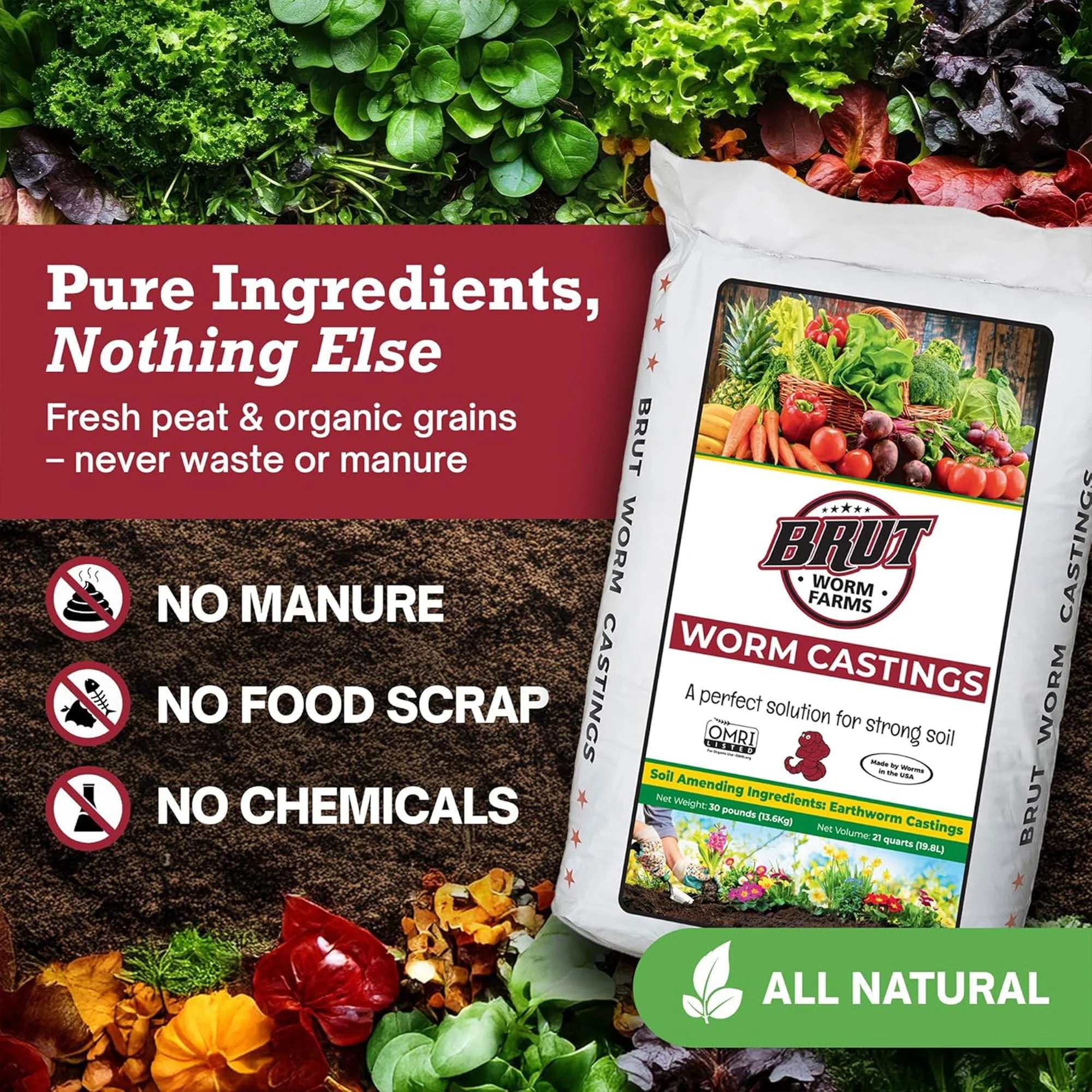 Brut All Natural Organic Worm Castings Soil Builder, 30 Pound Bag - Image 4