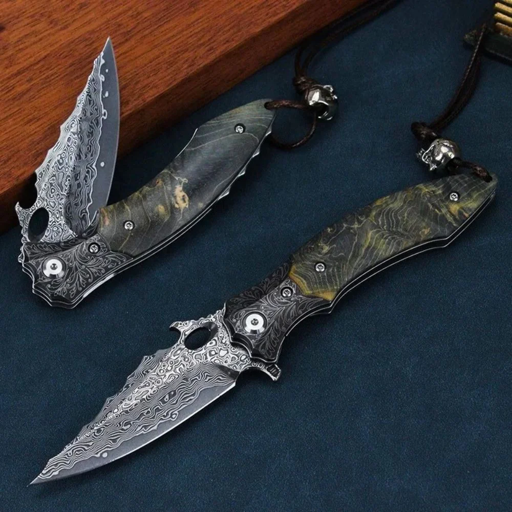 Blackbird Japanese EDC Pocket Knife with Stained Maple Burl Wood Handle - Image 3