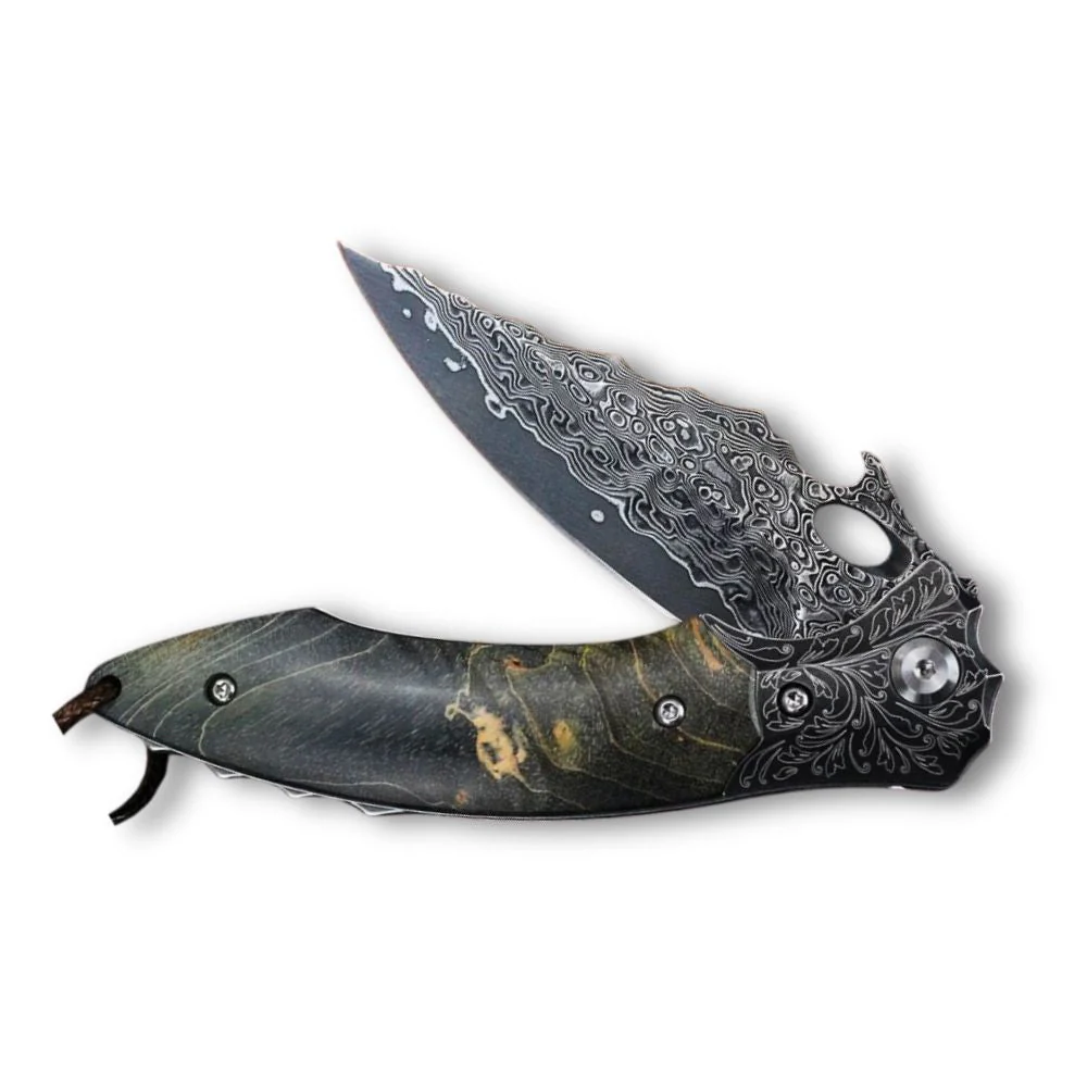 Blackbird Japanese EDC Pocket Knife with Stained Maple Burl Wood Handle - Image 5