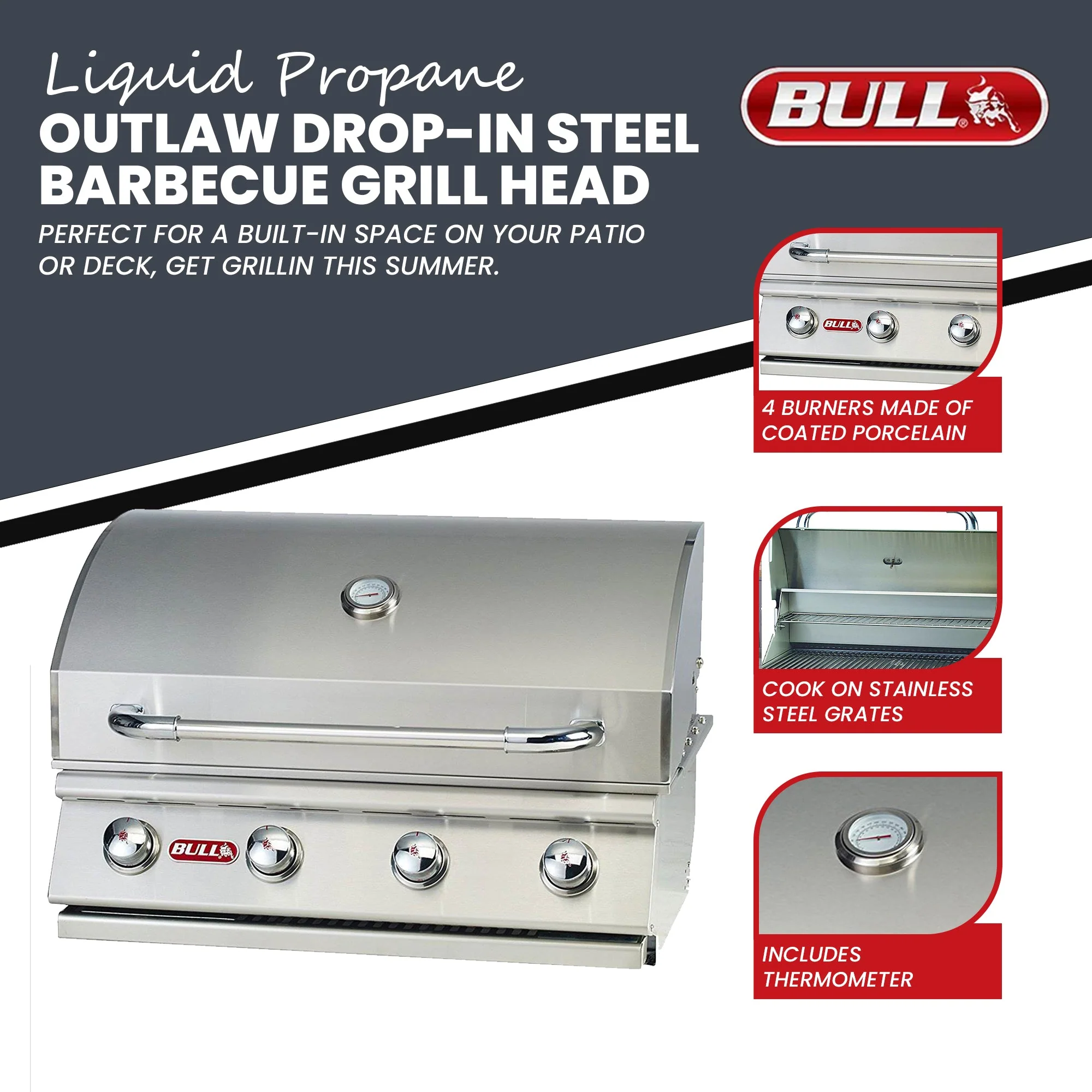 Bull Outdoor Products Liquid Propane Outlaw Drop-In Steel Barbecue Grill Head - Image 2