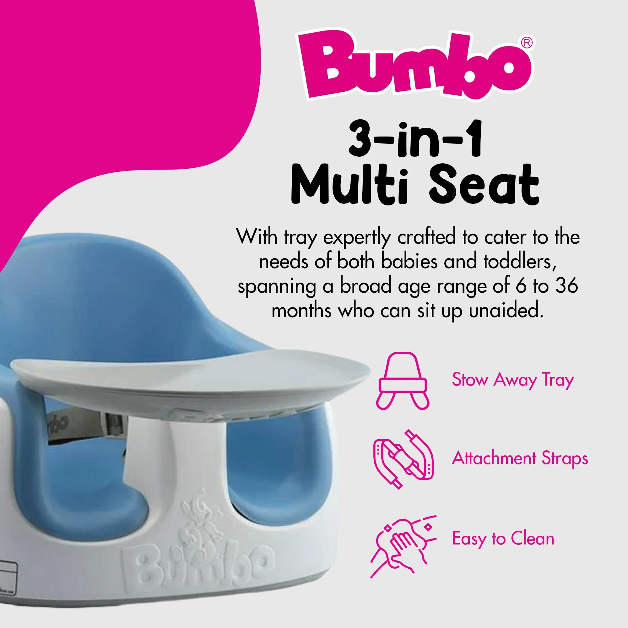 Bumbo Baby Toddler Adjustable 3-in-1 Booster Seat/High Chair & Tray, Powder Blue - Image 2