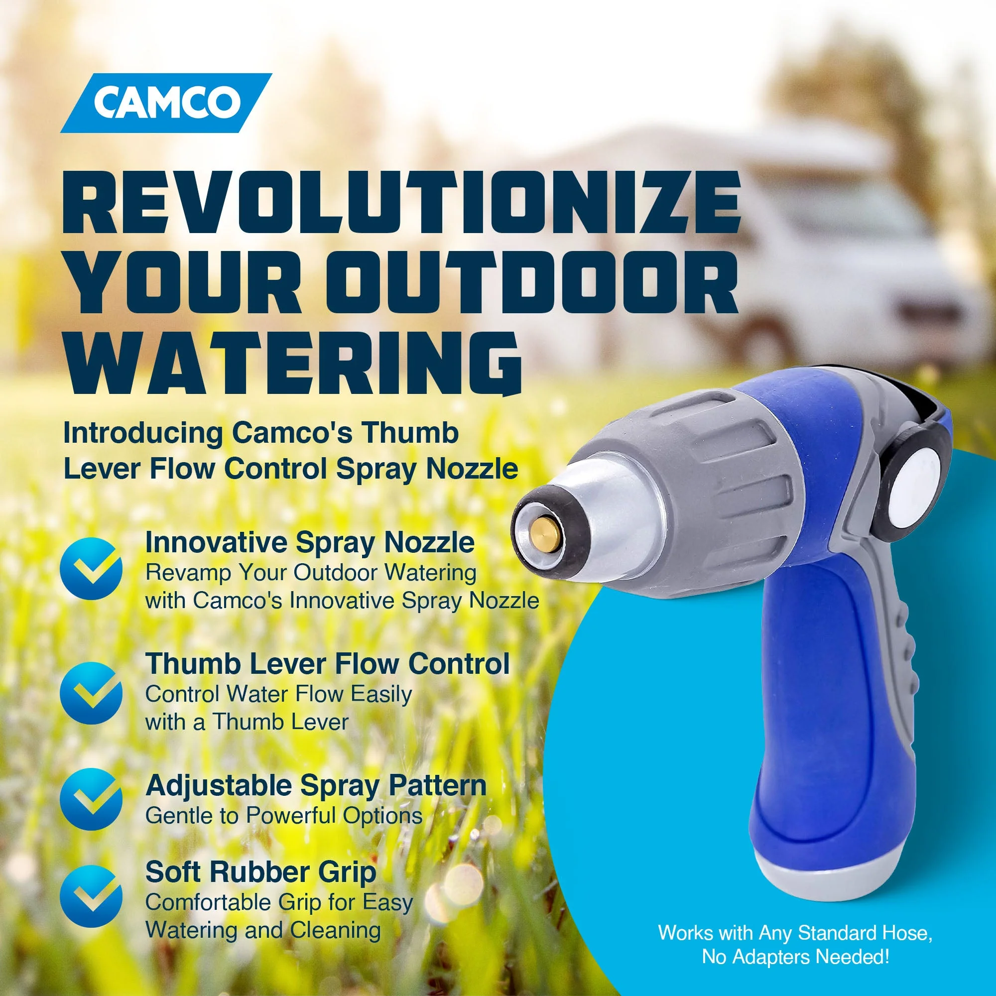 Camco 41986 Thumb Lever Flow Control Spray Nozzle with Adjustable Patterns, Blue - Image 2
