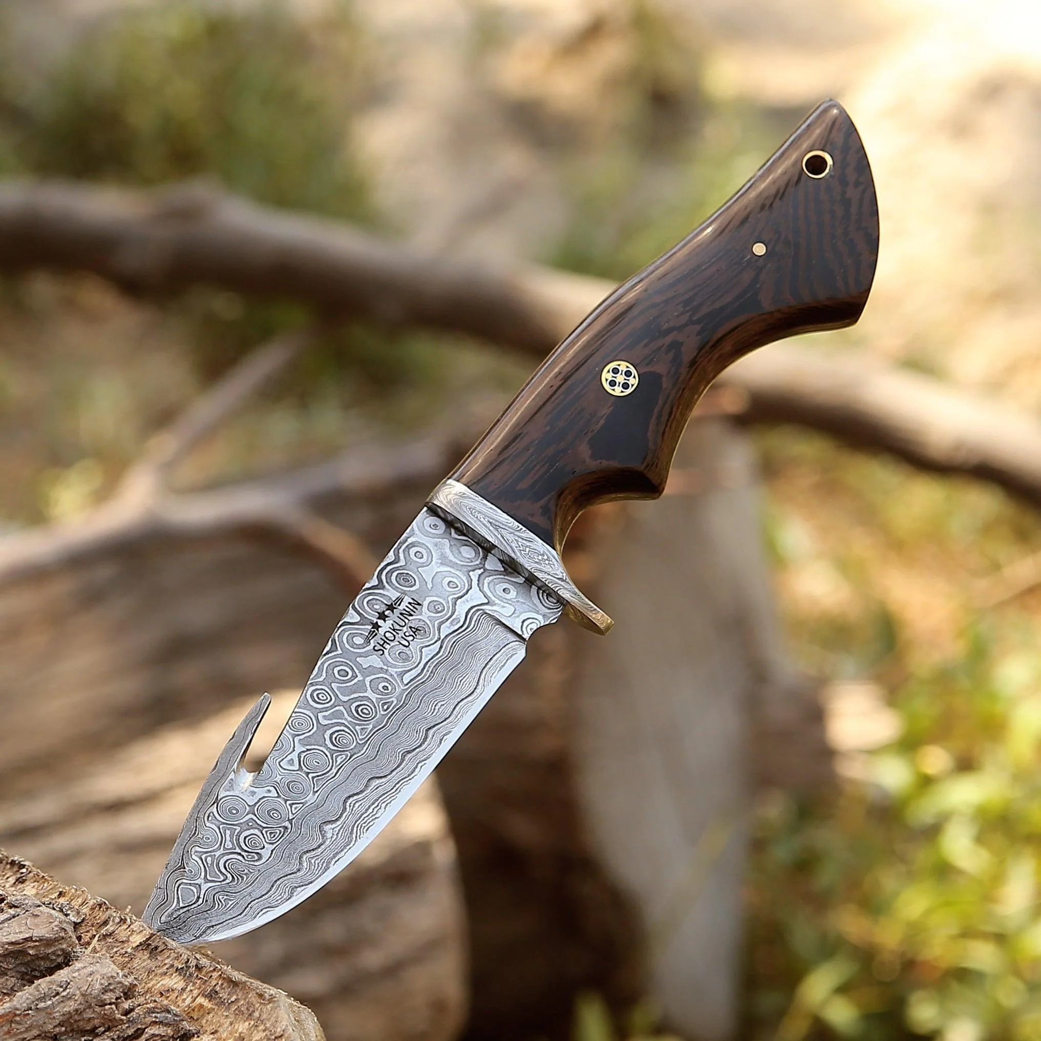 Captain Damascus Hunting Knife with Gut Hook & Exotic Wenge Wood Handle - Image 3