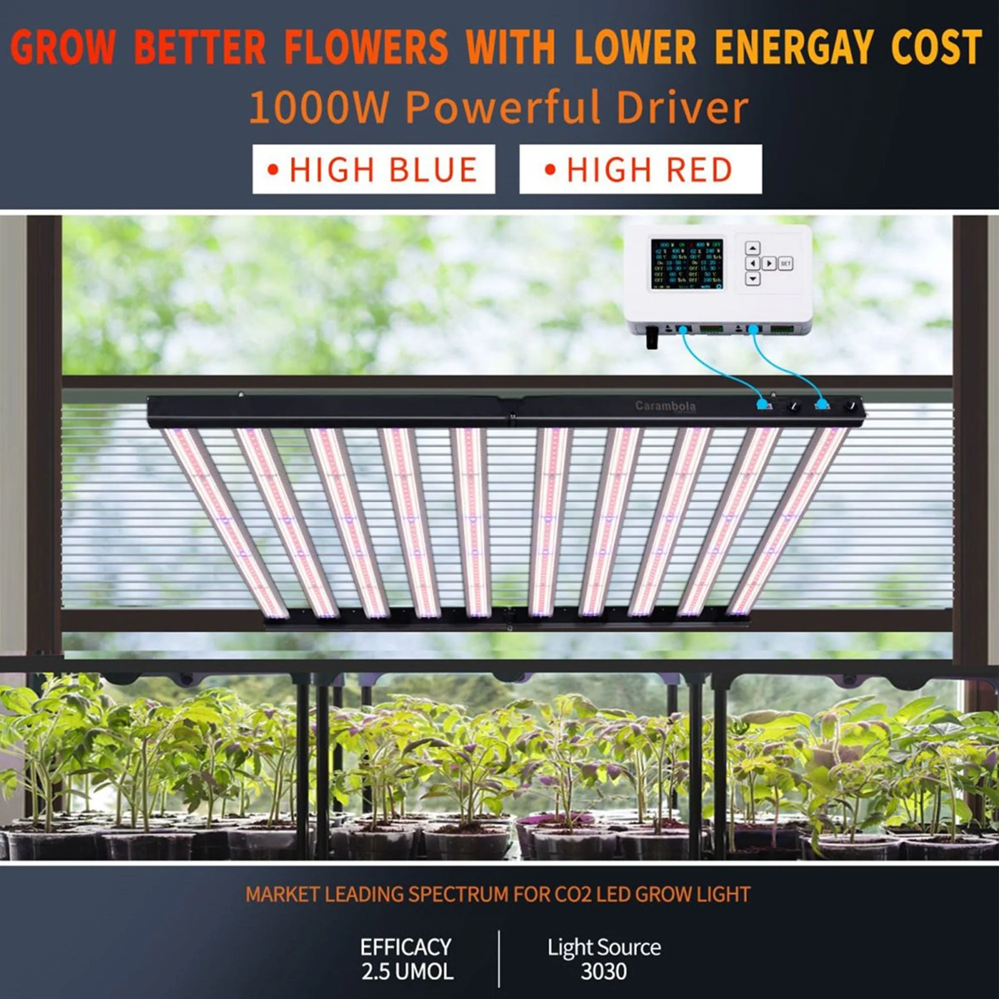 Carambola CB1000 47 x 43 Inch CO2 Pro 1,000 W Broad Spectrum LED Growing Light - Image 2