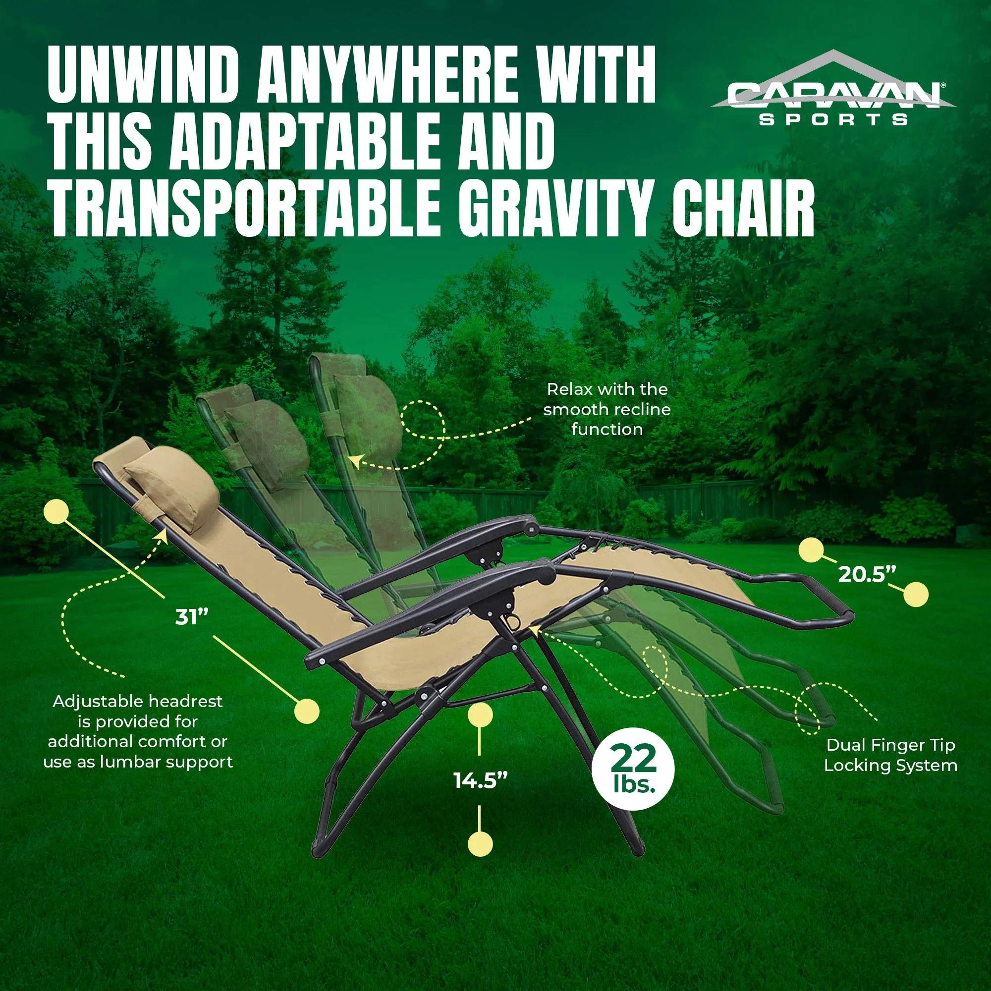 Caravan Sports Zero Gravity Outdoor Folding Camping Patio Lounge Chair, Beige - Image 3