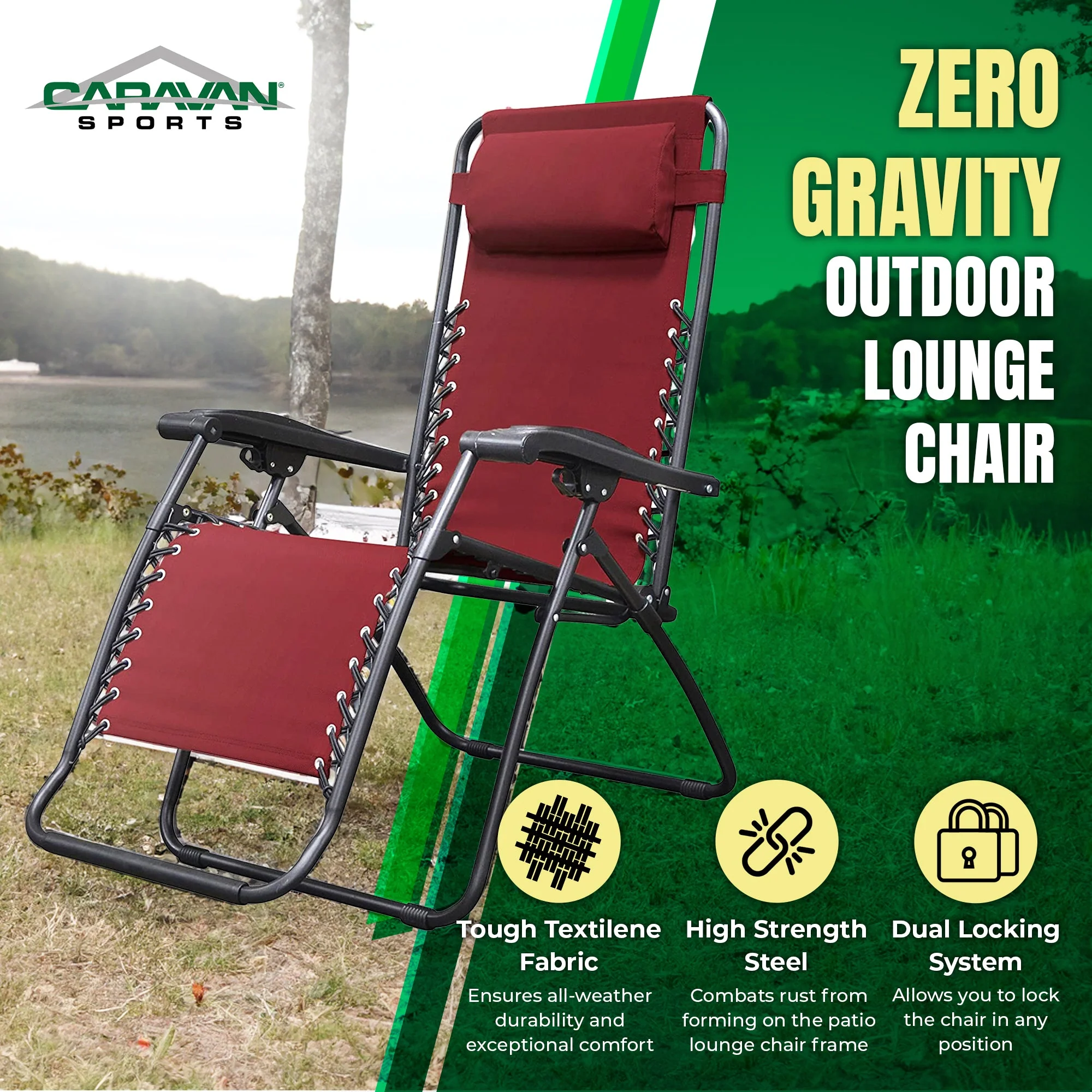 Caravan Sports Zero Gravity Outdoor Folding Camping Patio Lounge Chair, Burgundy - Image 2