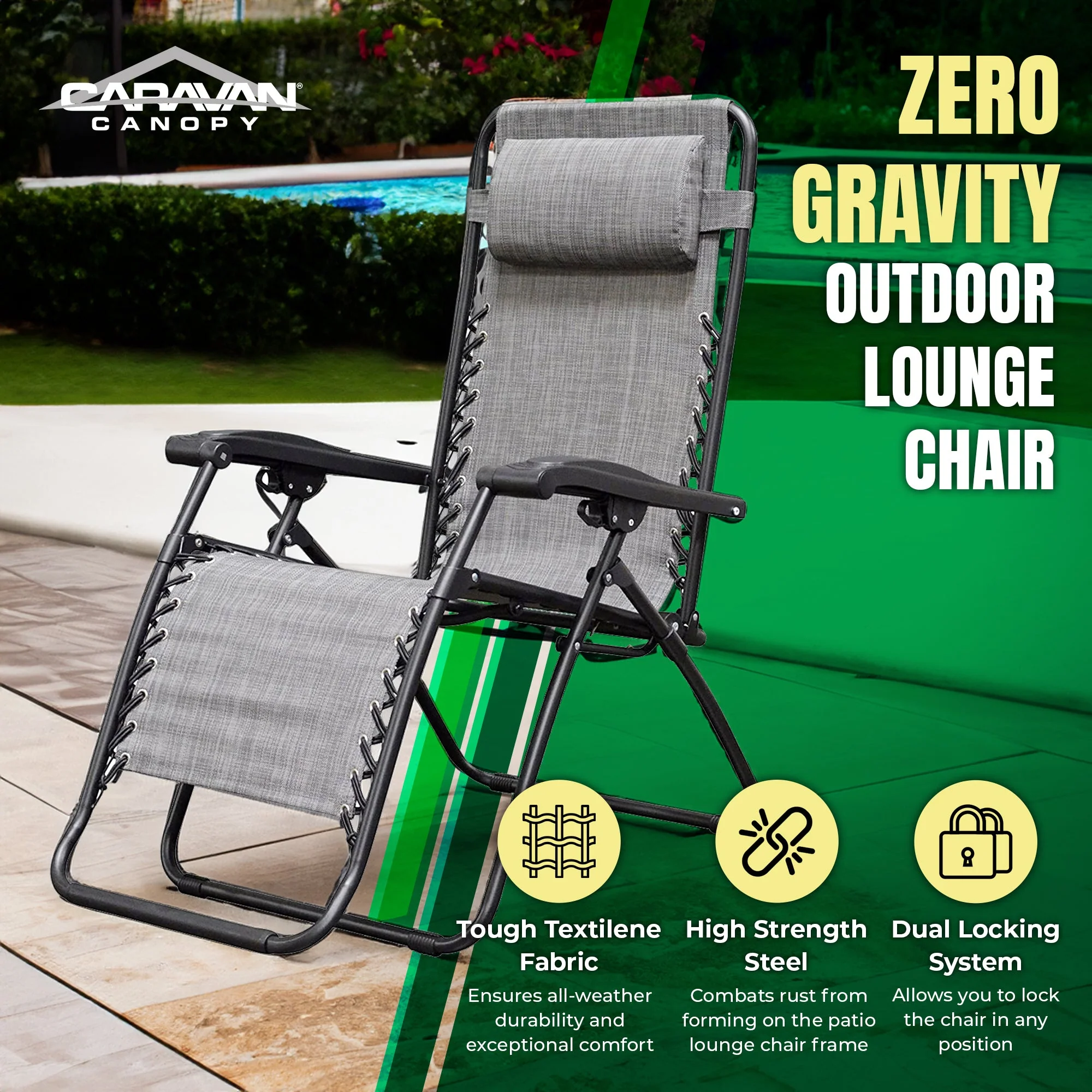 Caravan Sports Zero Gravity Outdoor Folding Camping Patio Lounge Chair, Gray - Image 2