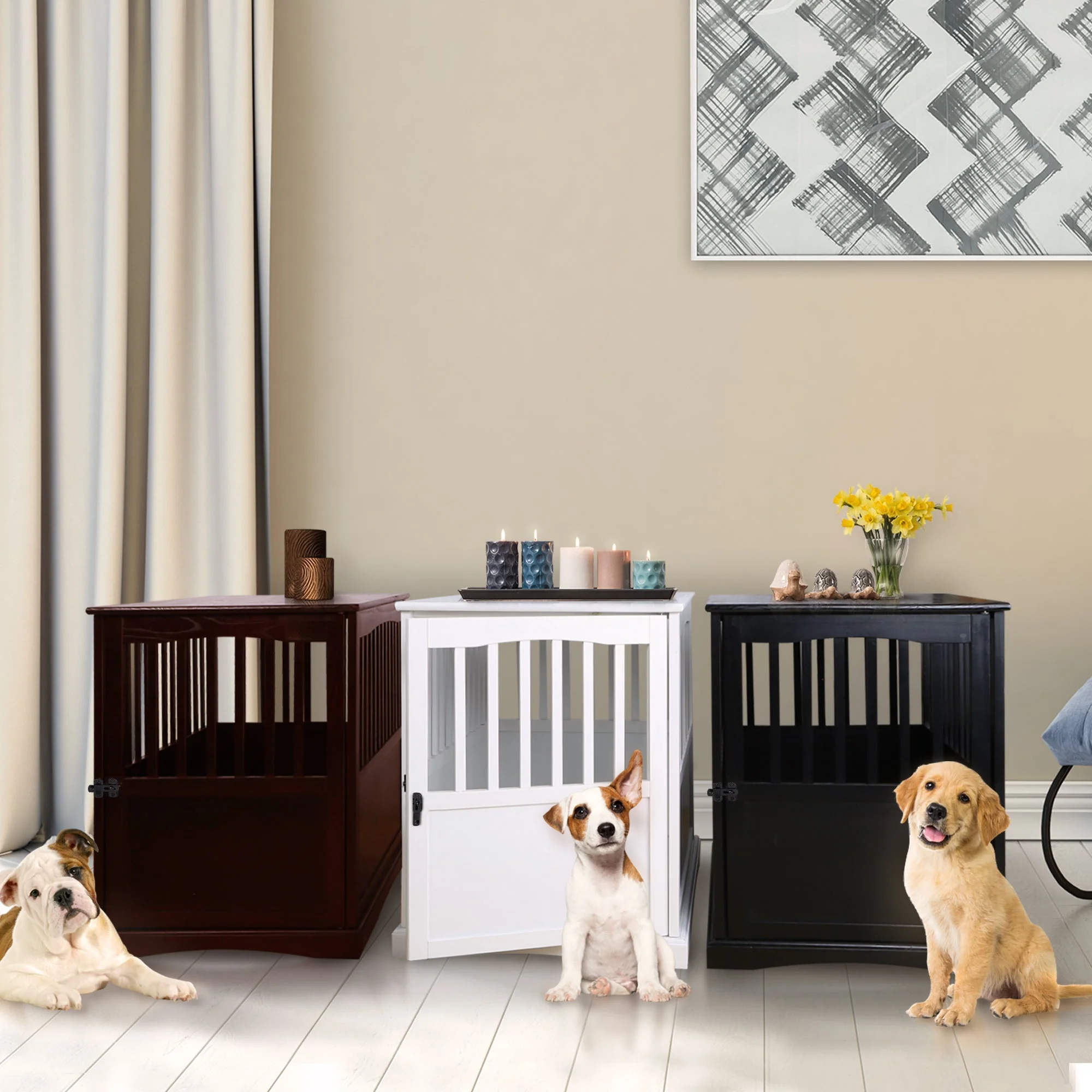 Casual Home Solid Wood Lockable Gate Door Pet Crate and End Side Table, White - Image 6