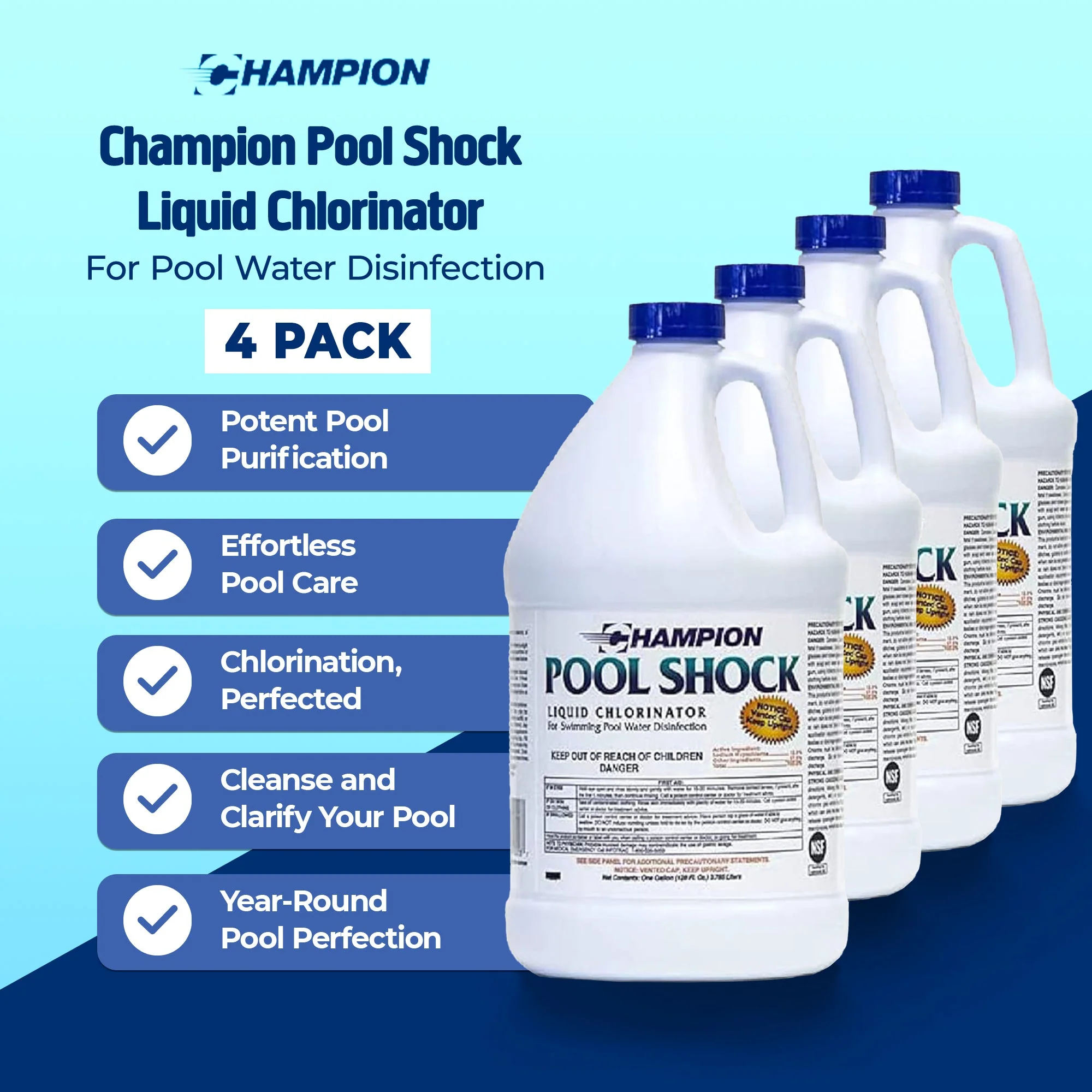 Champion Pool Shock Liquid Chlorinator for Pool Water Disinfection, (4 Pack) - Image 2