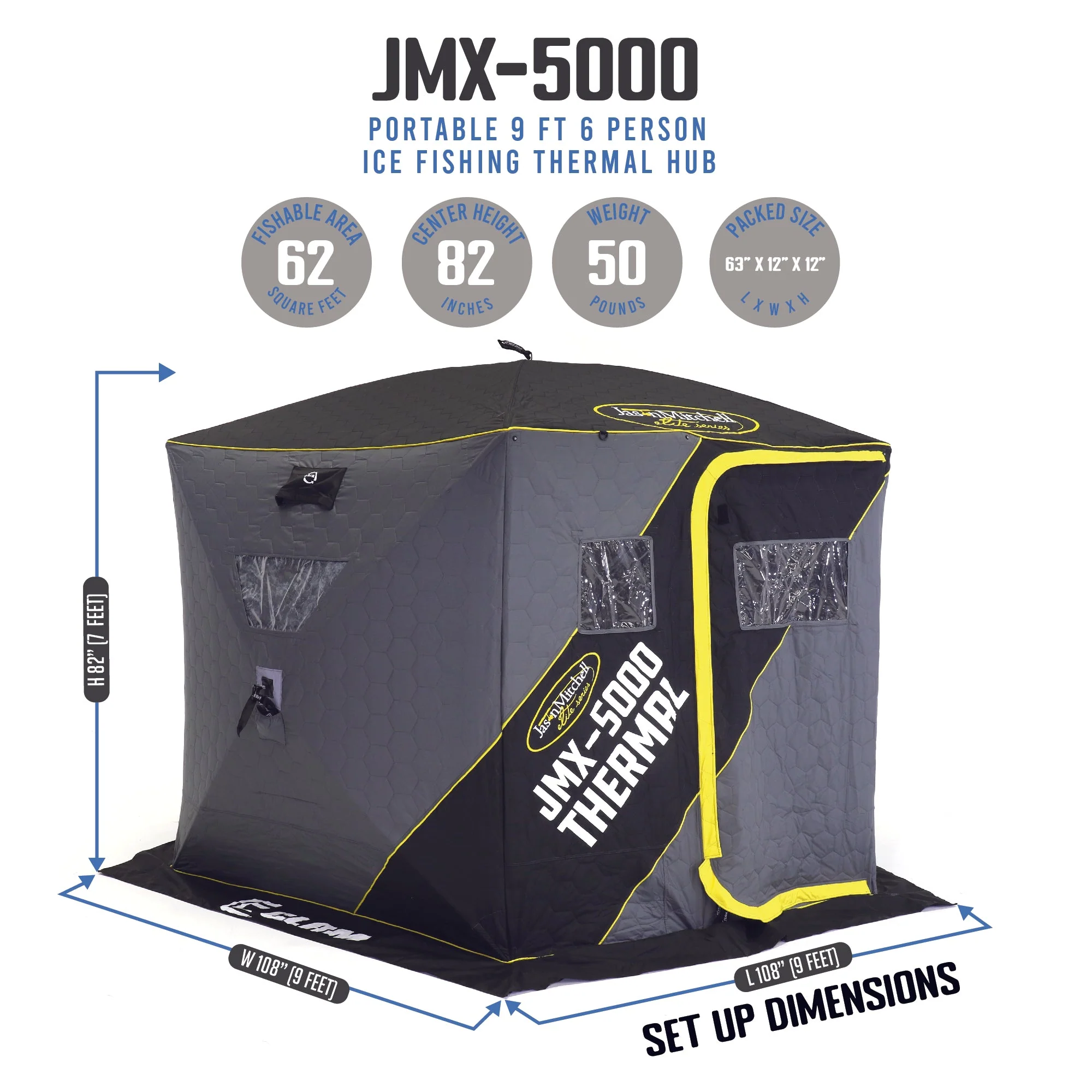 CLAM Jason Mitchell X5000 Portable 9 Ft 6 Person Ice Fishing Thermal Hub Shelter - Image 2