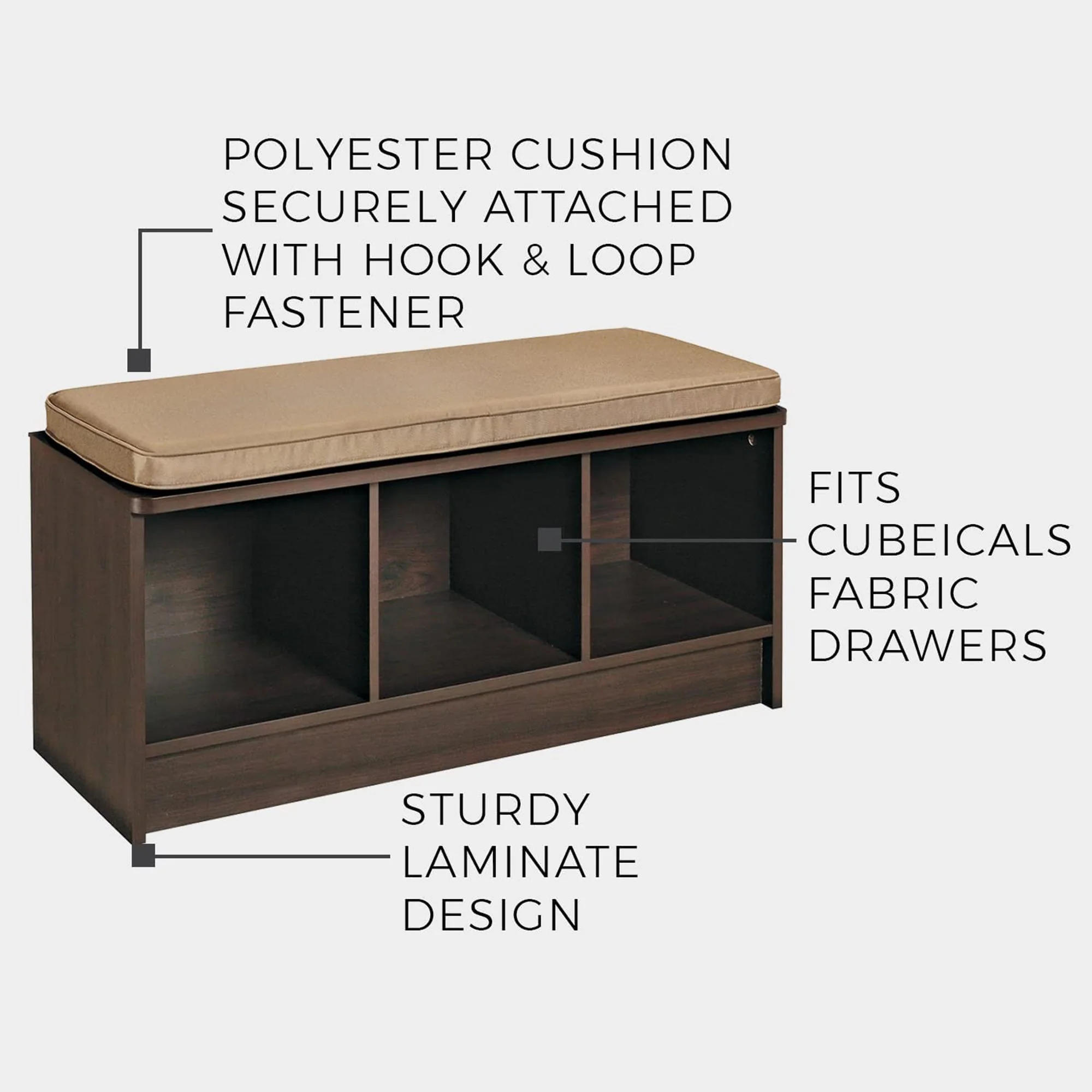 ClosetMaid 3 Cube Cubby Storage Organizer Bench with Seat Cushion, White/Tan - Image 6