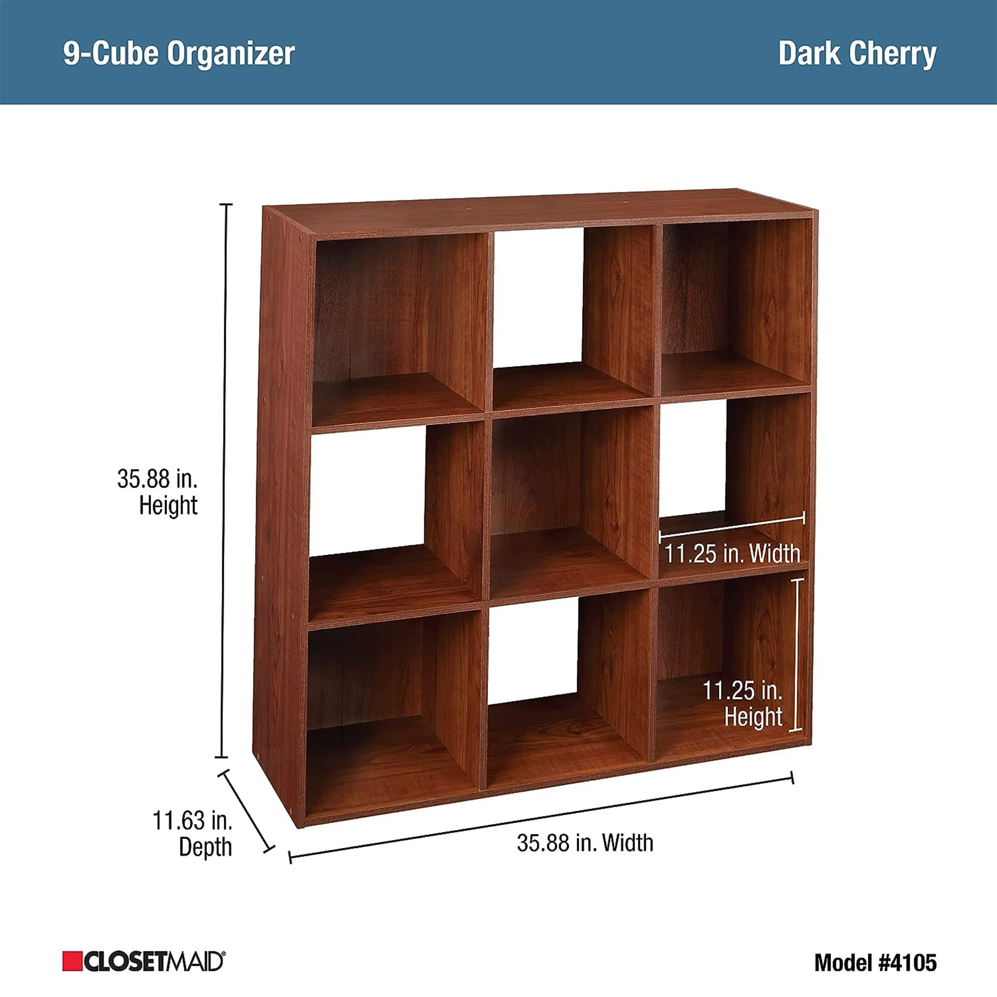 ClosetMaid 9 Cube Cubby Wood Open Bookcase Display Shelf Organizer, Dark Cherry - Image 5