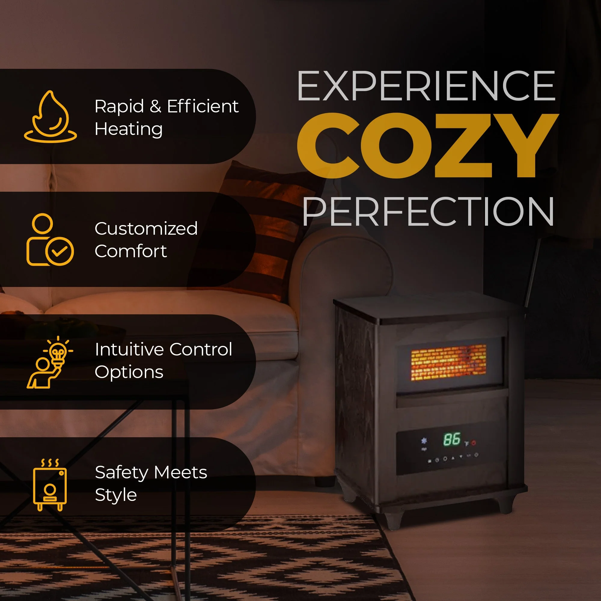 Comfort Zone Wood Cabinet Infrared High Power Quartz Heater and Remote, Espresso - Image 2