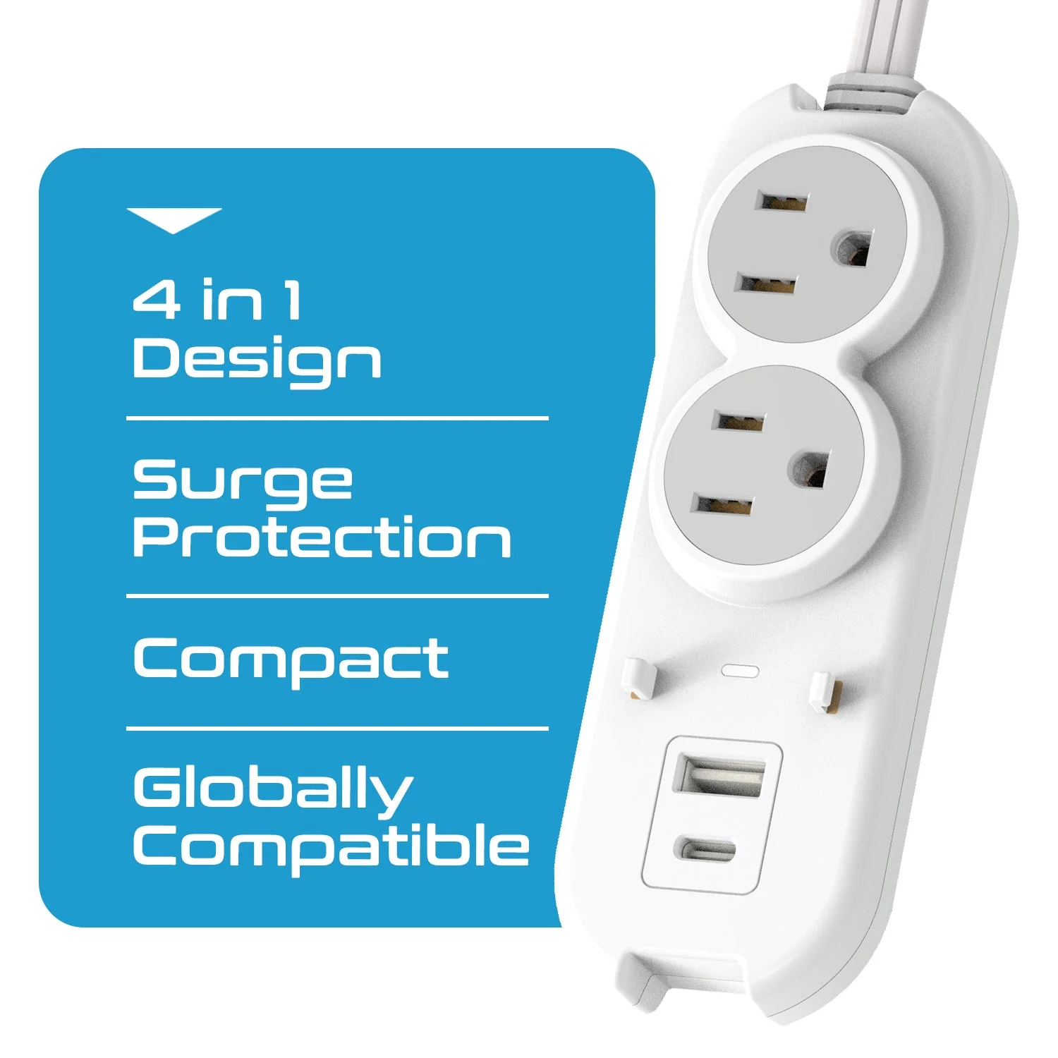 Compact Travel Power Strip - 2 US Outlets, USB & USB-C Ports - Grounded (PS-2U+) - Image 3