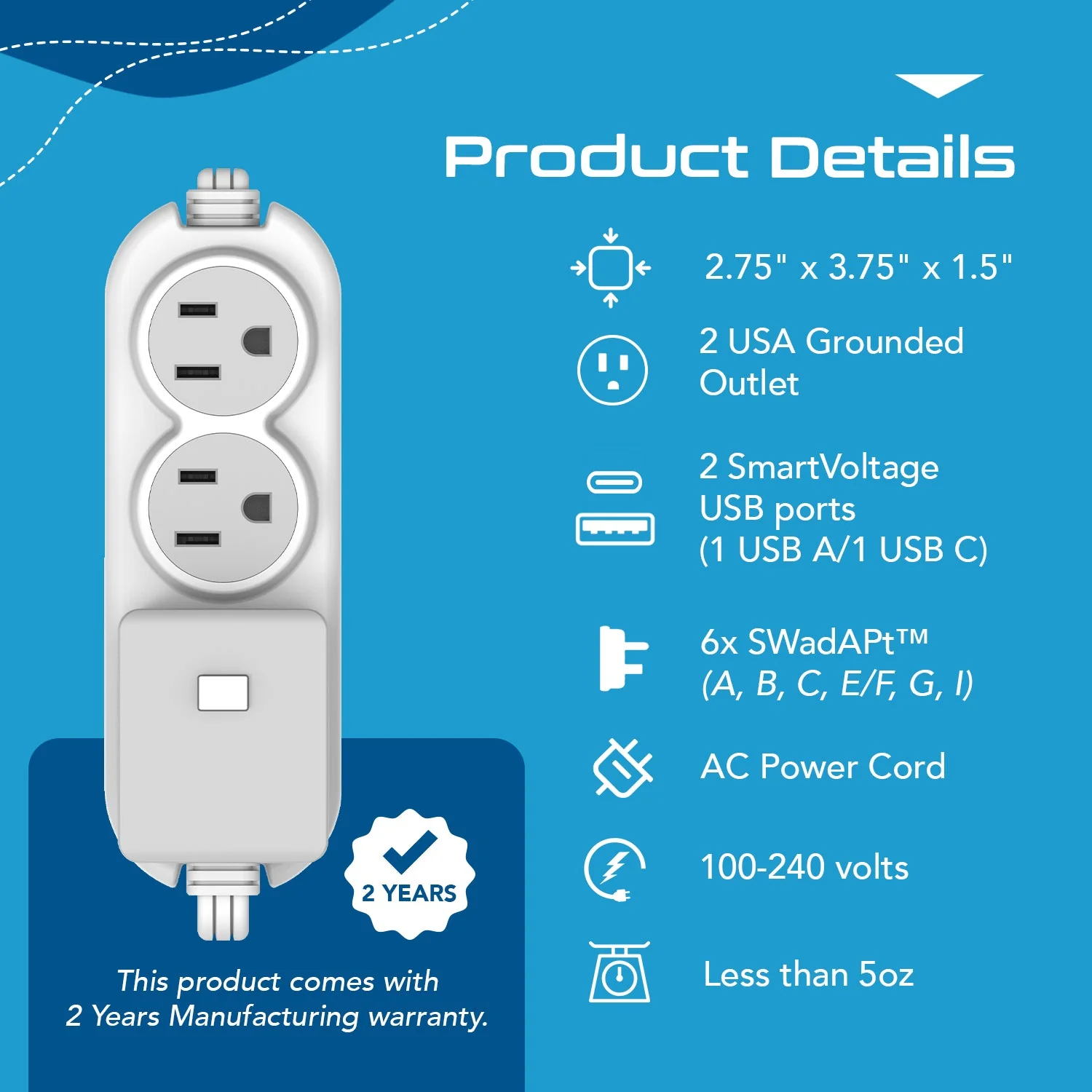 Compact Travel Power Strip - 2 US Outlets, USB & USB-C Ports - Grounded (PS-2U+) - Image 7