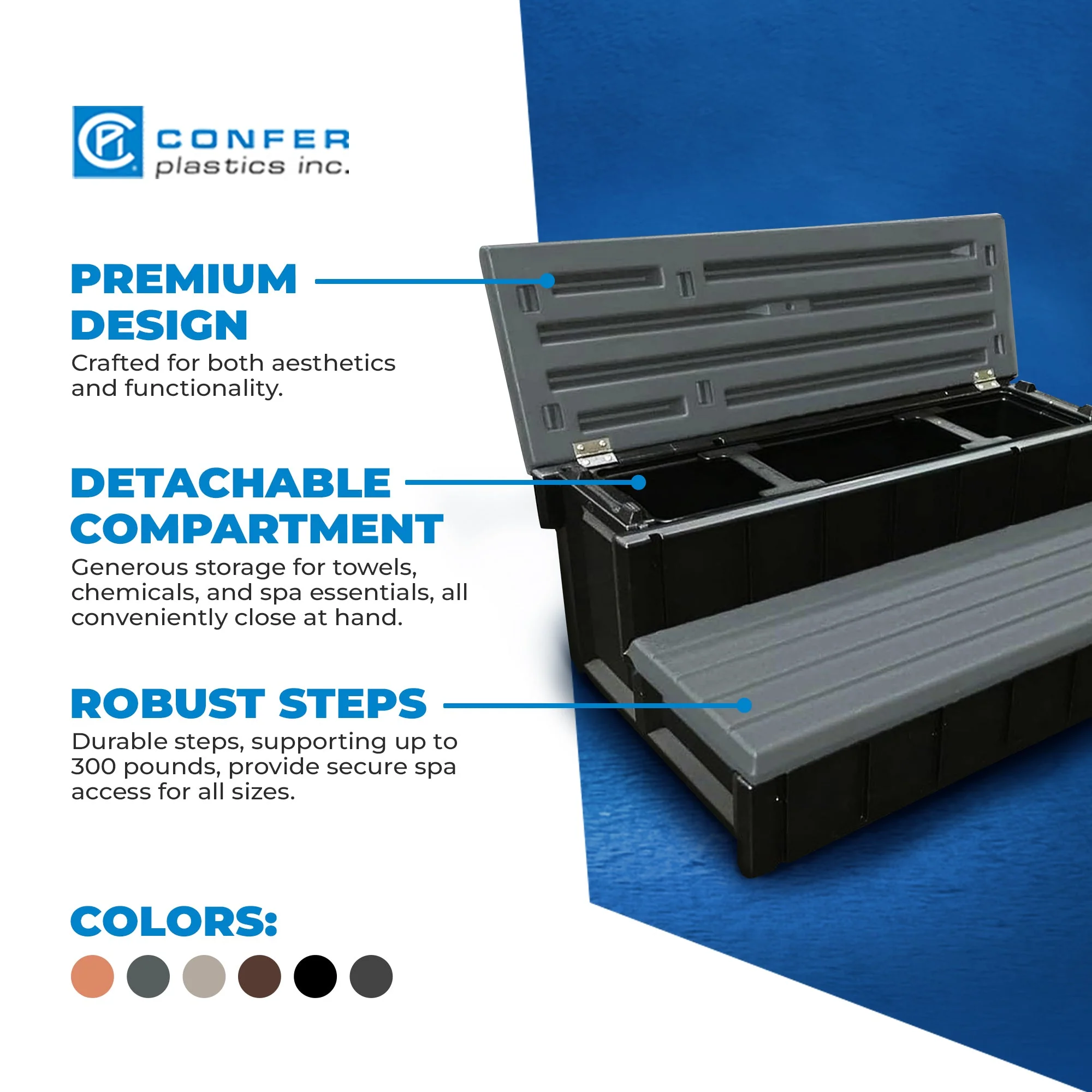 Confer Plastics Leisure Accents Outdoor Spa Hot Tub Storage Steps, Deep Gray - Image 3