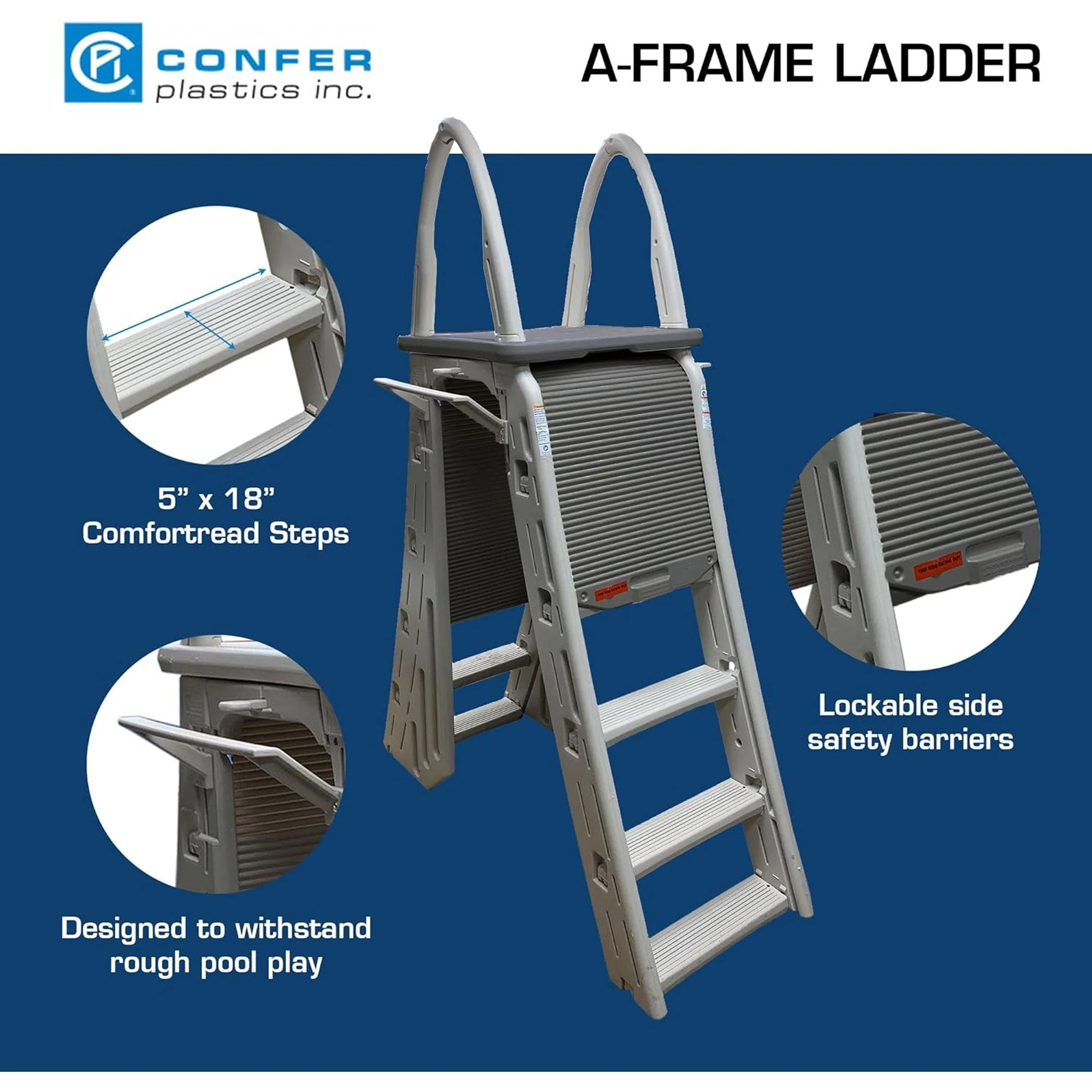 Confer Plastics Roll-Guard Adjustable 48-56" A-Frame Pool Safety Ladder, Gray - Image 4