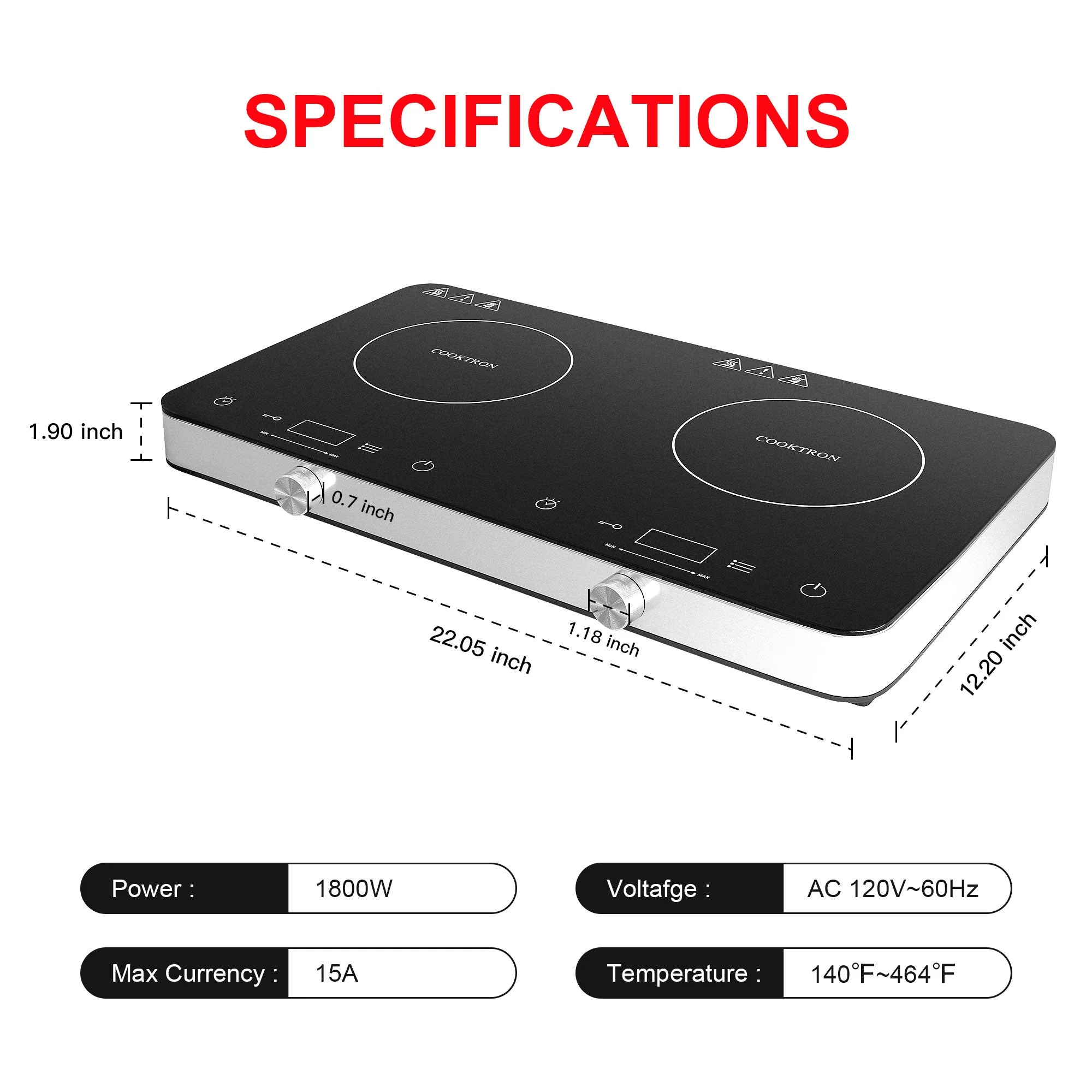 COOKTRON 1800W 120V Portable Double Burner Electric Induction Cooktop w/Knobs - Image 6