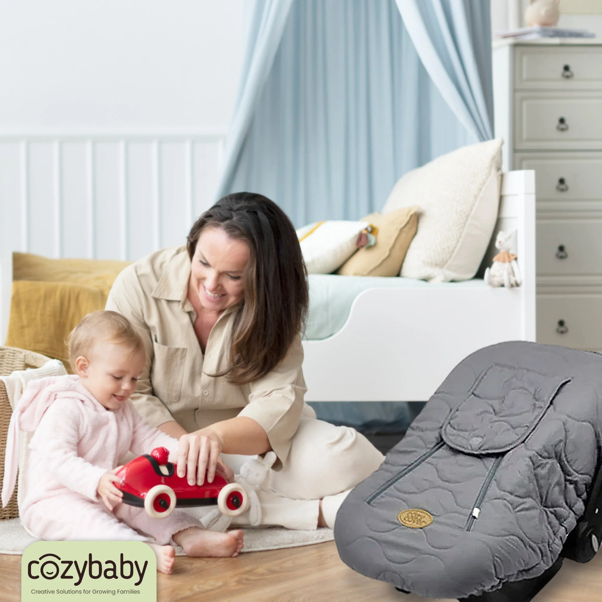 CozyBaby Quilted Infant Car Seat Cover with Dual Zippers and Elastic Edge, Gray - Image 4