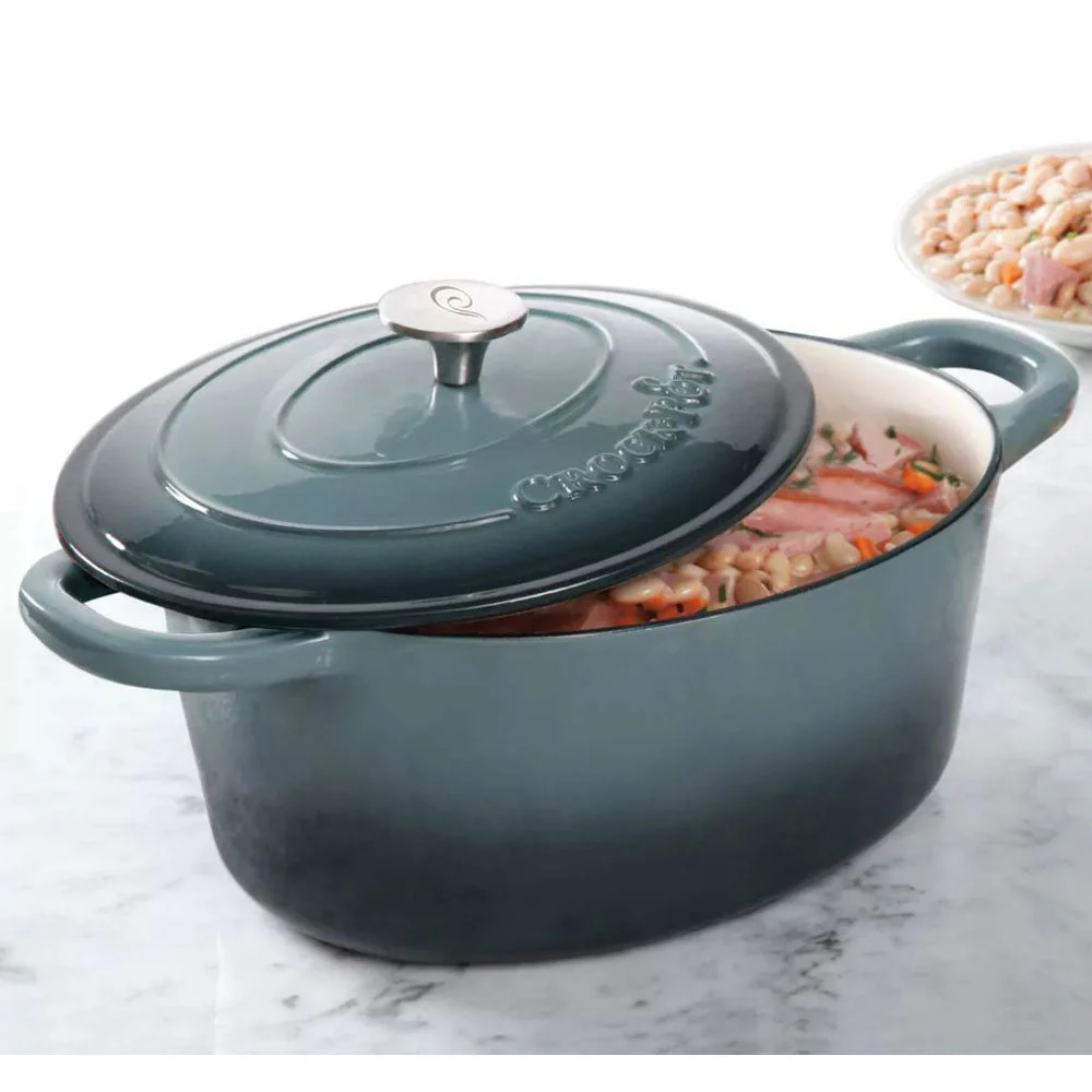 Crock-Pot 7 Quart Oval Enamel Cast Iron Covered Dutch Oven Slow Cooker, Gray - Image 2
