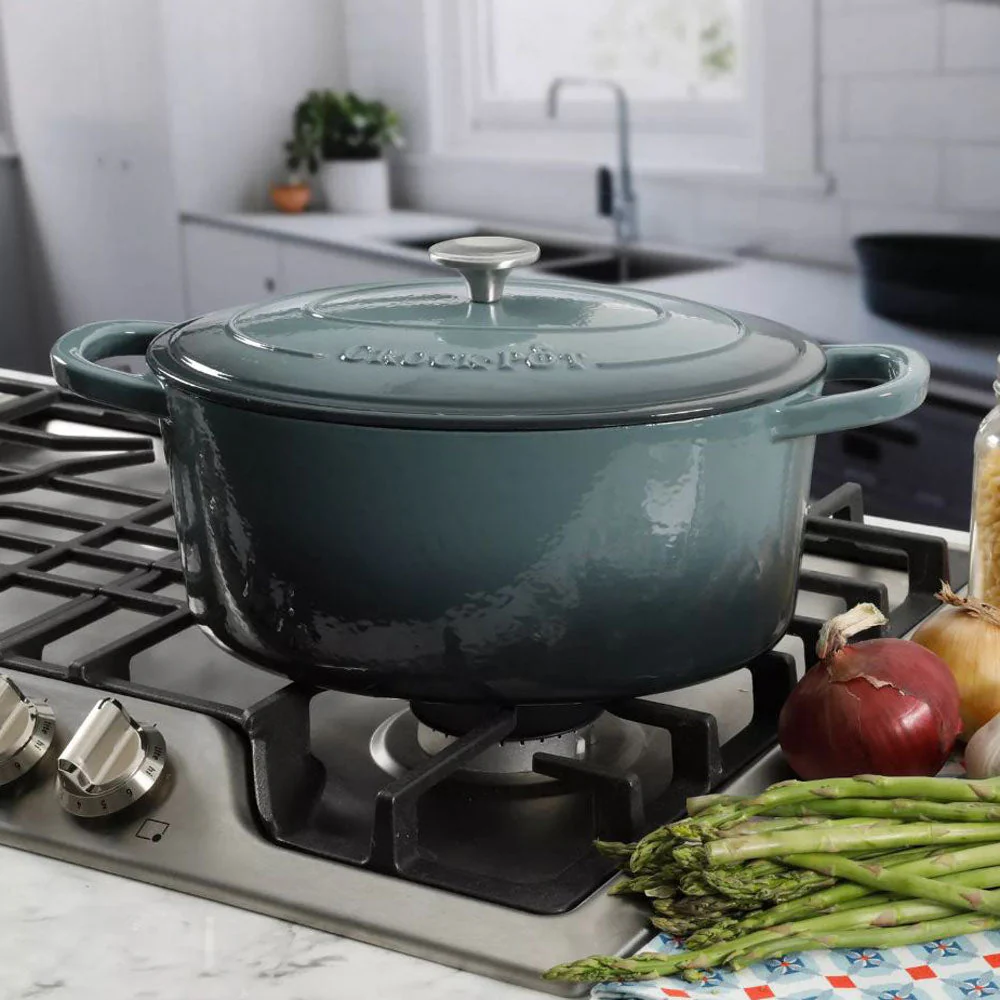 Crock-Pot 7 Quart Oval Enamel Cast Iron Covered Dutch Oven Slow Cooker, Gray - Image 4