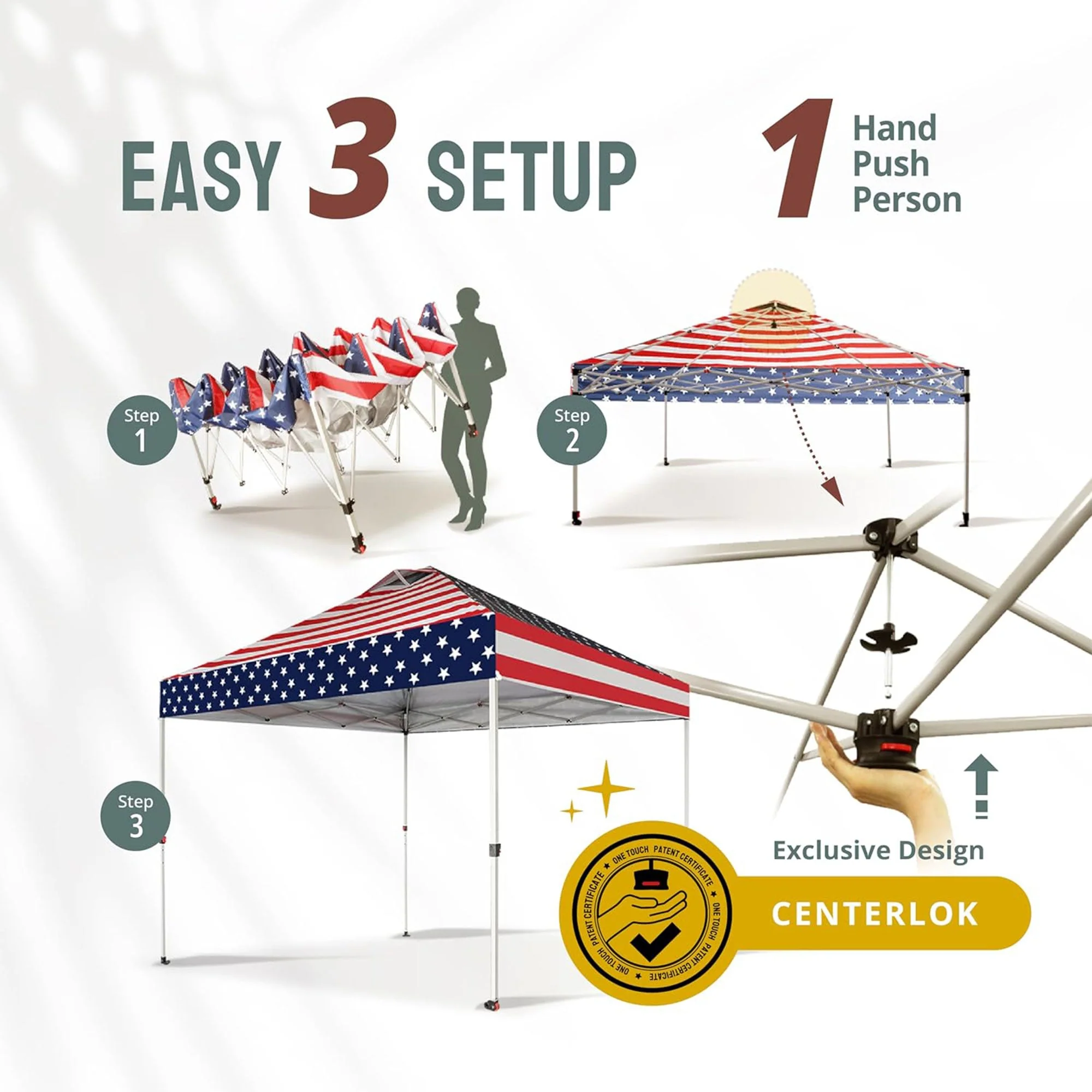 CROWN SHADES 10x10 Ft Outdoor Canopy Tent with 1 Push Lock, American Flag - Image 3