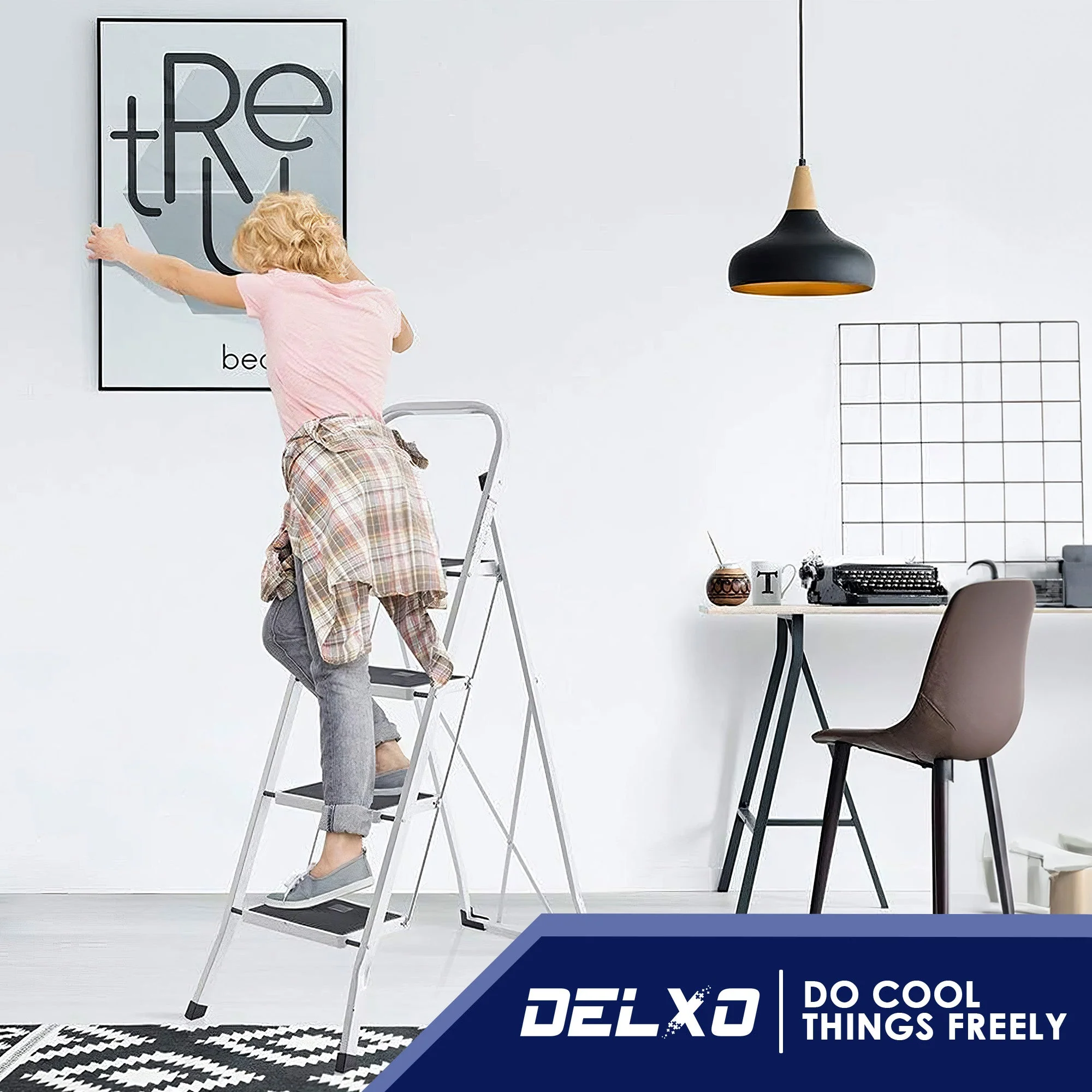 Delxo Alloy Steel Folding 4 Step Stool Portable Ladder with Hand Grip, White - Image 7