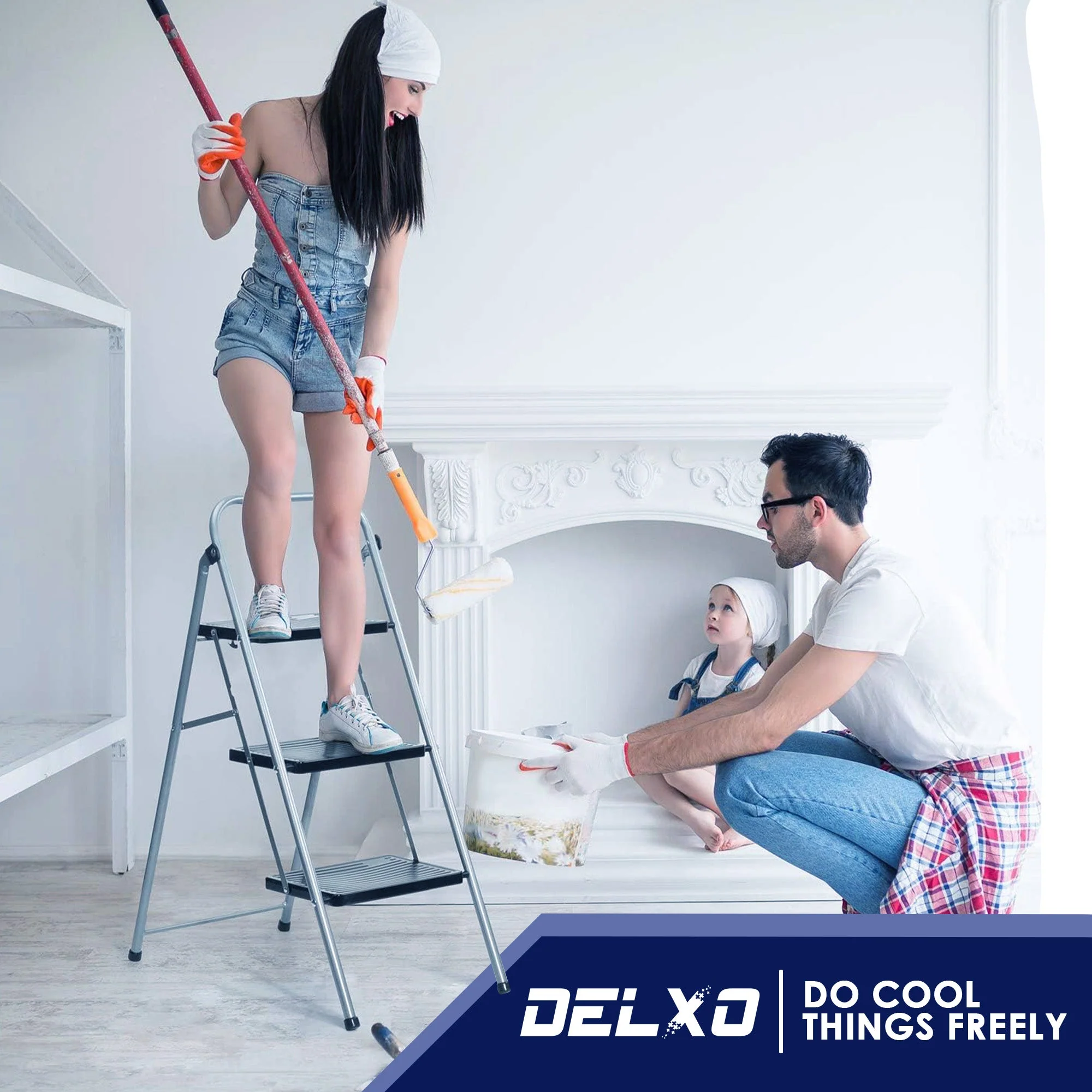 Delxo Folding Portable Alloy Steel 3 Step Stool Stepladder w/ Hand Grip, Gray - Image 5