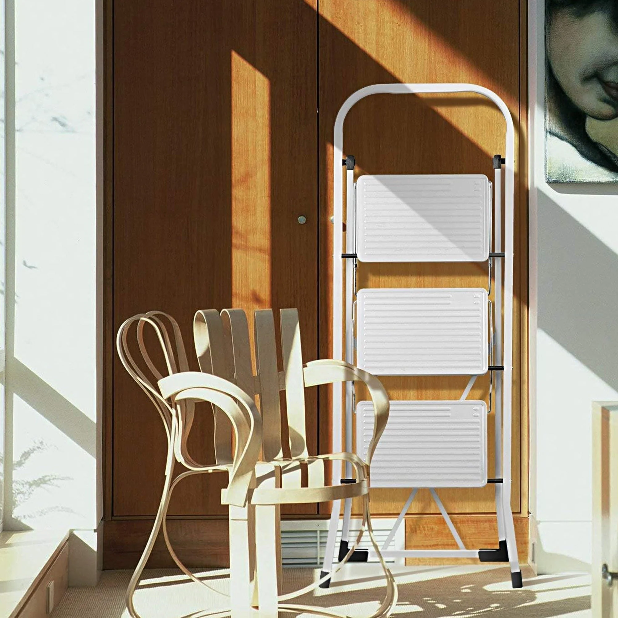 Delxo Folding Portable Steel Non Slip 3 Step Stool Stepladder w/Hand Grip, White - Image 6