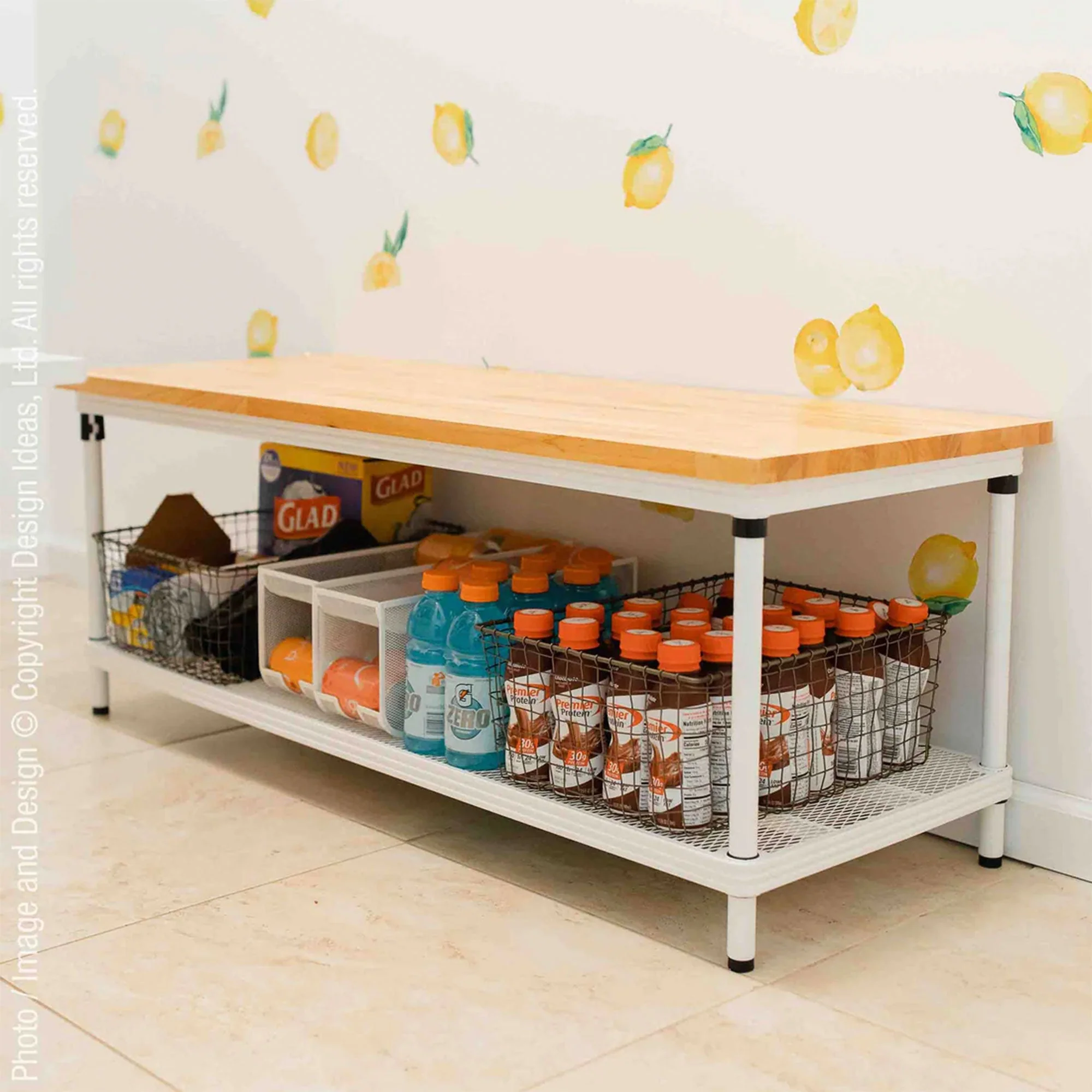 Design Ideas MeshWorks 2 Tier Wood Top Metal Storage Shelving Unit Rack, White - Image 2