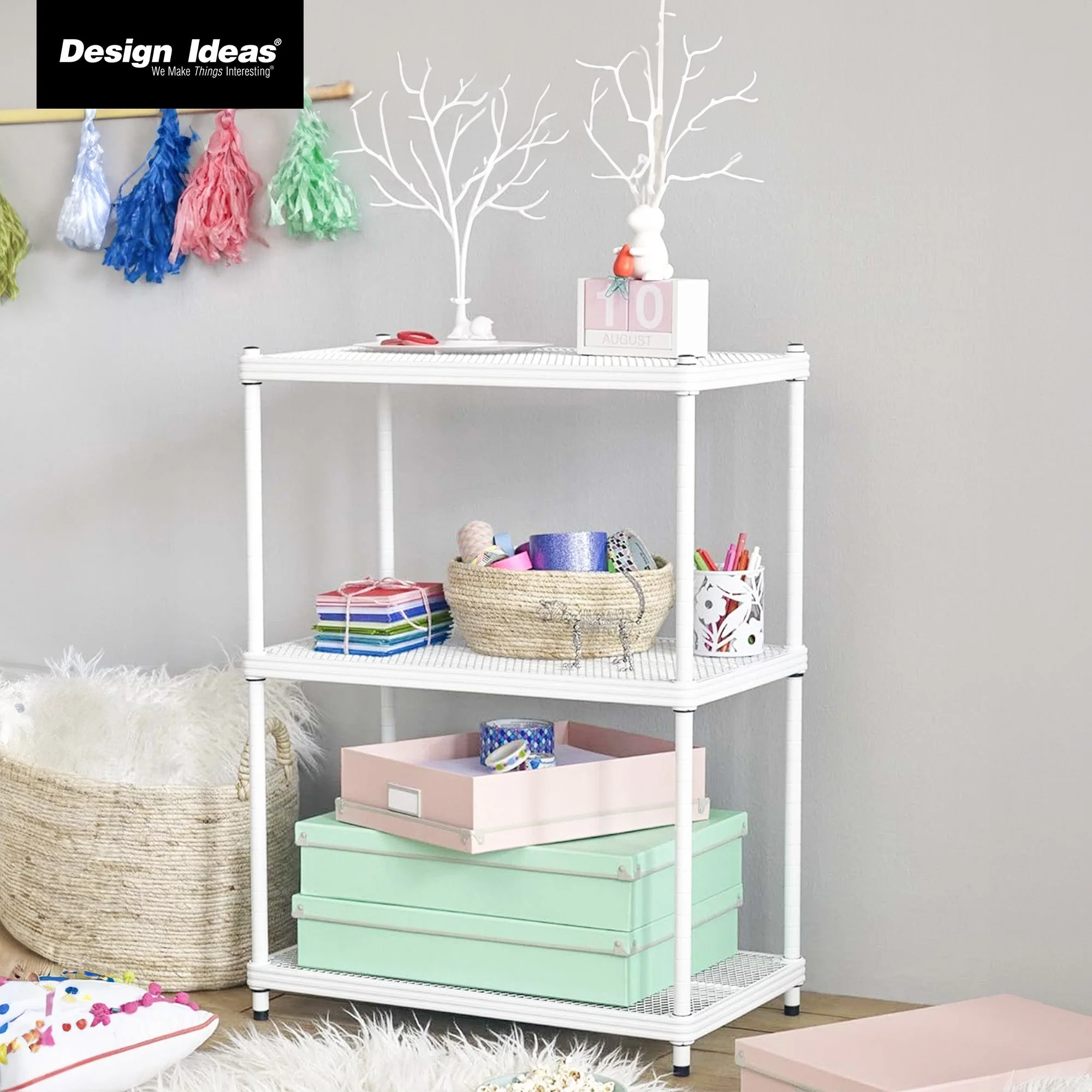 Design Ideas MeshWorks 3 Tier Full-Size Metal Storage Shelving Unit Rack, White - Image 5