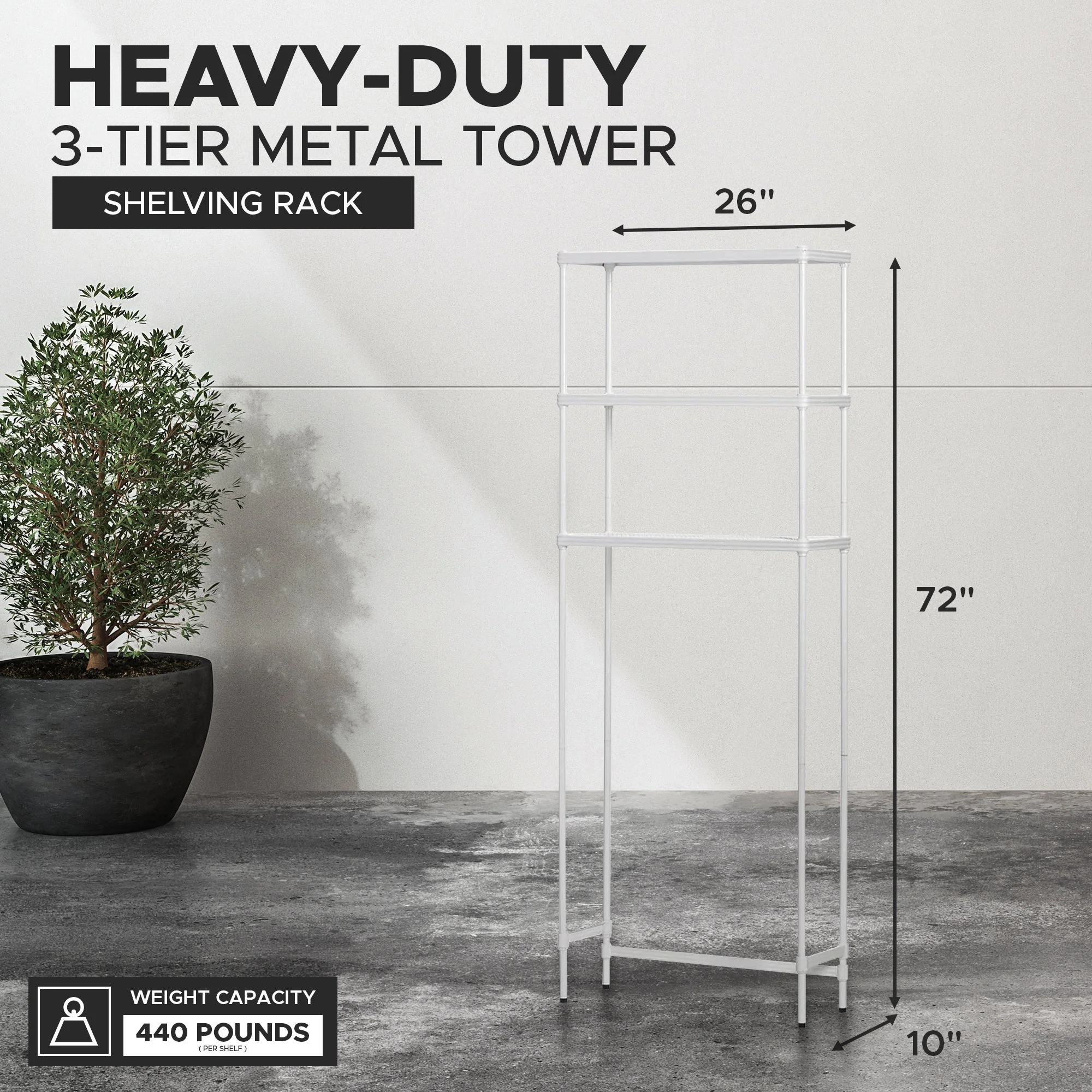 Design Ideas MeshWorks 3 Tier Metal Bathroom Storage Shelving Unit Rack, White - Image 3