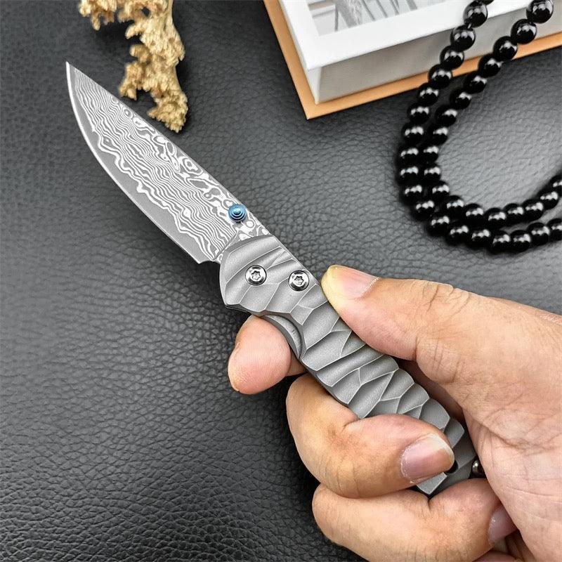 Diamond Japanese EDC Pocket Knife with VG10 Damascus Blade, Titanium Handle & Sheath - Image 2