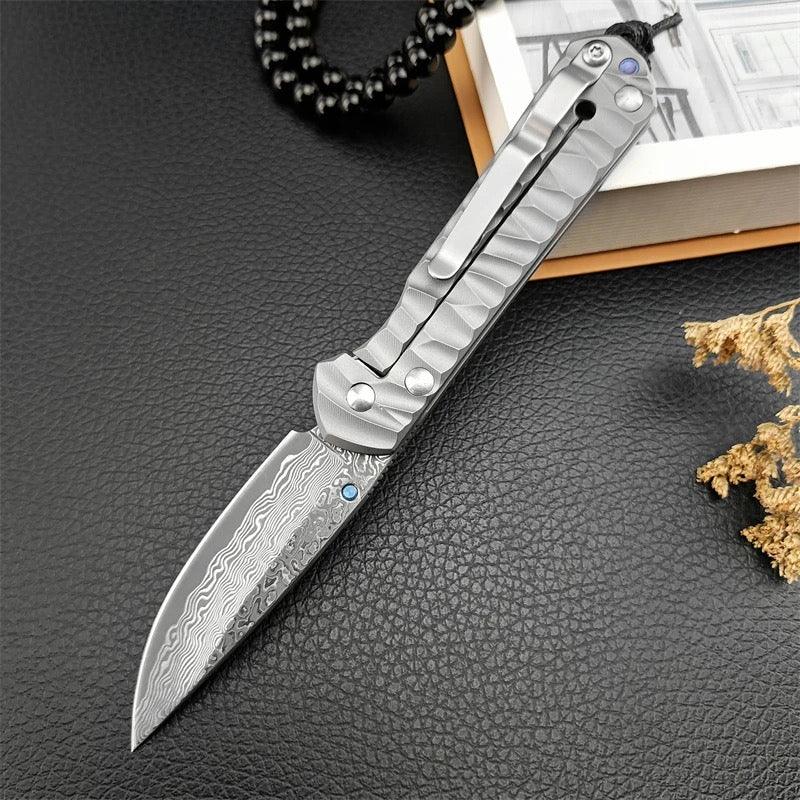 Diamond Japanese EDC Pocket Knife with VG10 Damascus Blade, Titanium Handle & Sheath - Image 7