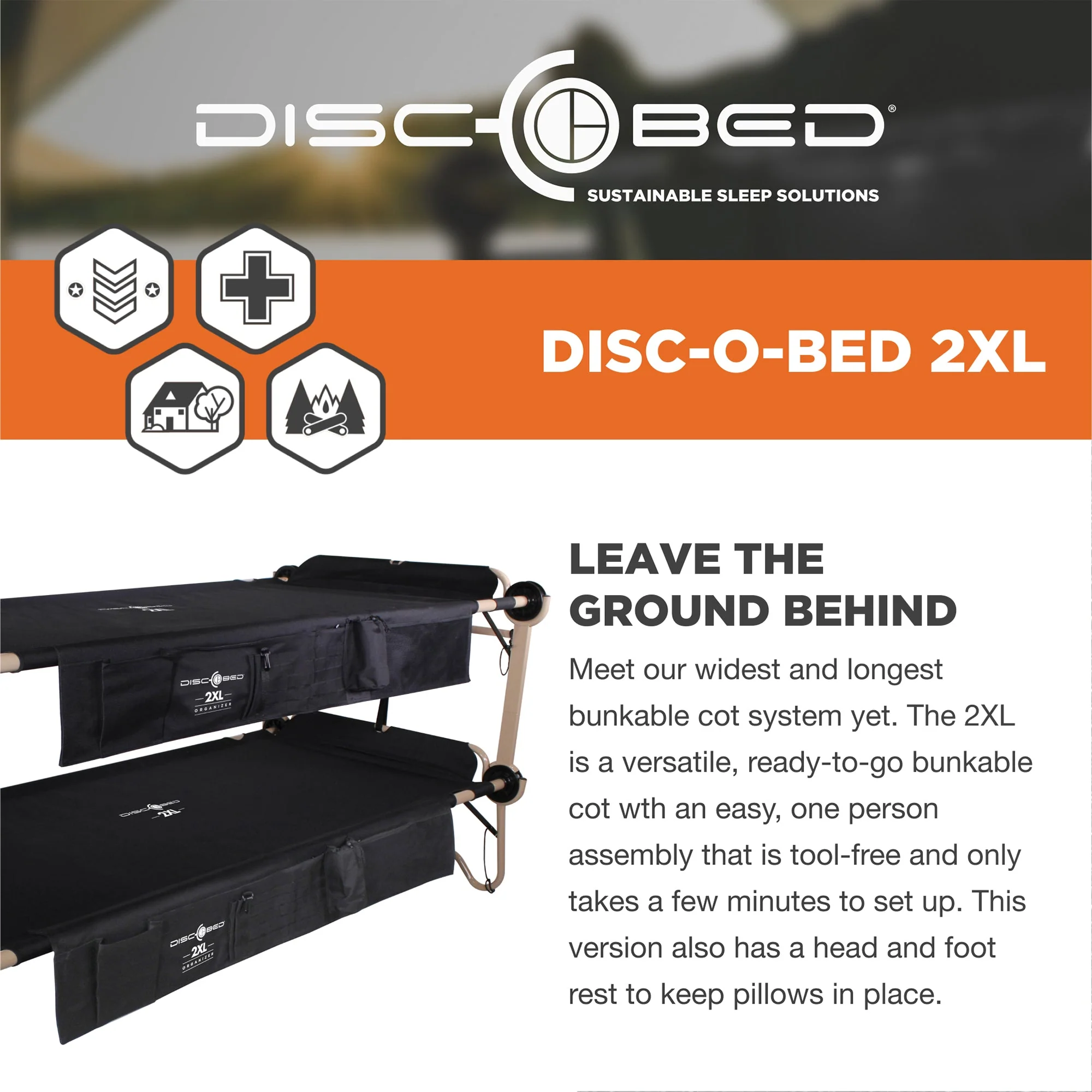 Disc-O-Bed 2XL Cam-O-Bunk Benchable Double Cot w/Organizers, Black - Image 2