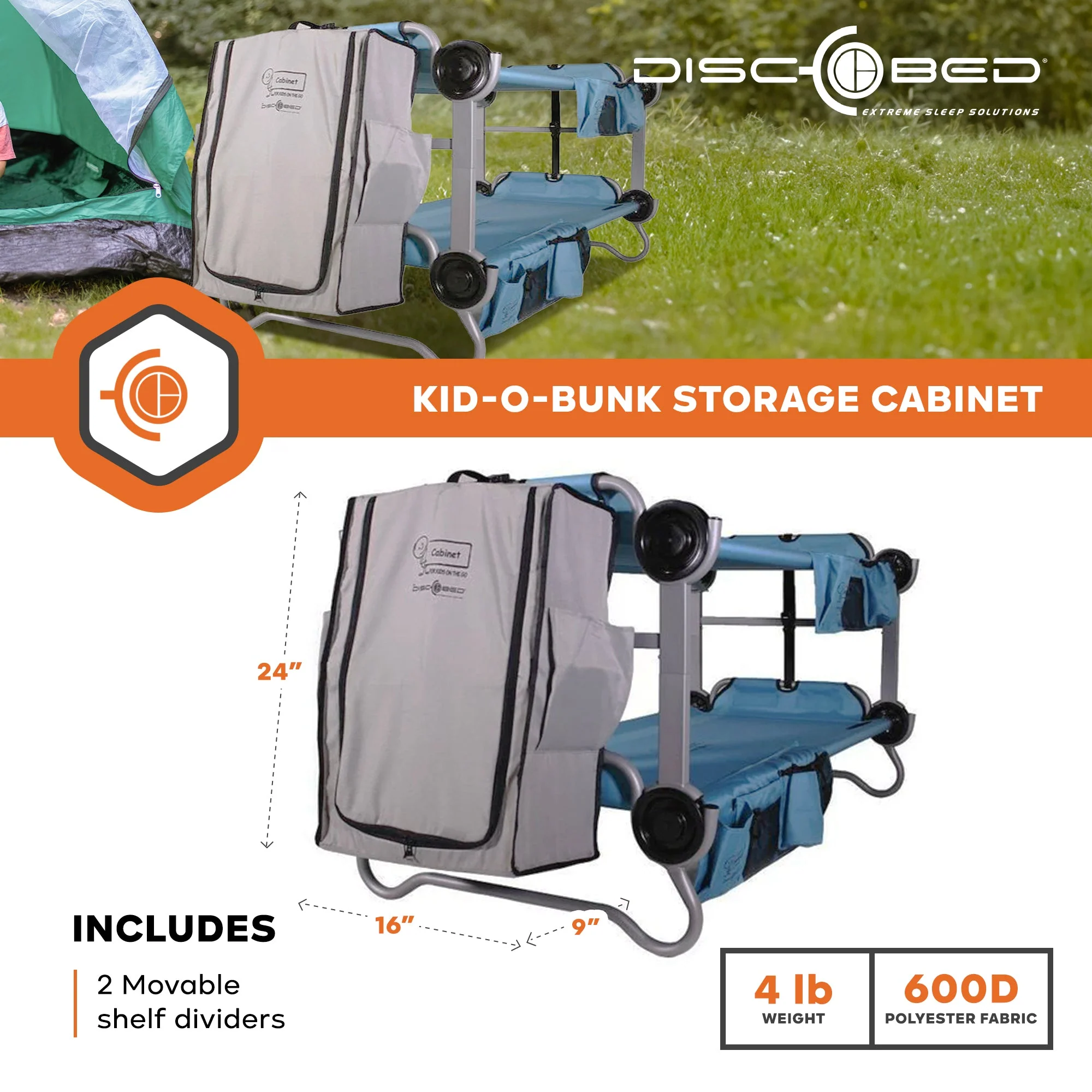 Disc-O-Bed Kid-O-Bunk Camping Cots Folding Storage Cabinet for Travel, Grey - Image 2
