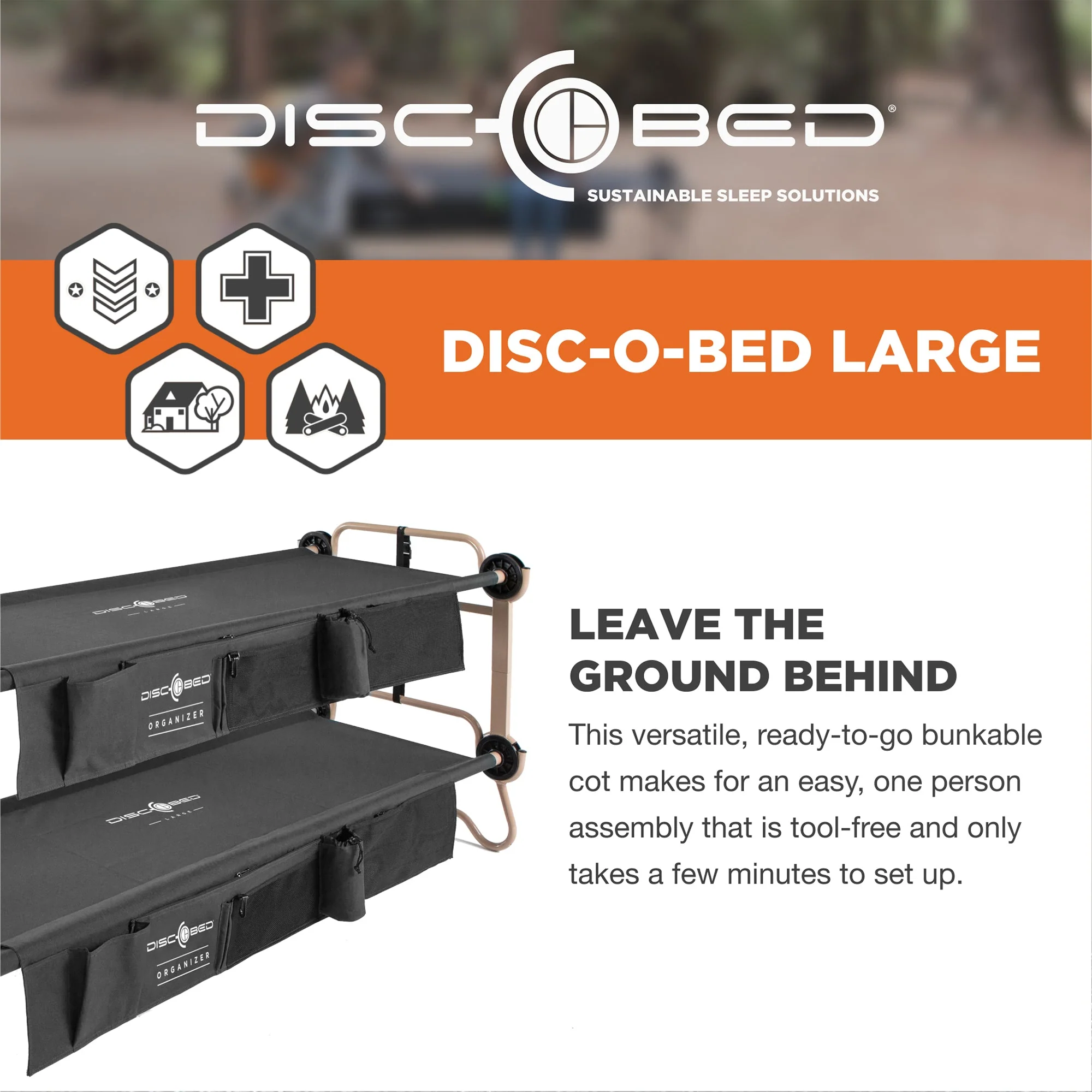 Disc-O-Bed Large Cam-O-Bunk Benchable Double Cot with Storage Organizers, Black - Image 2