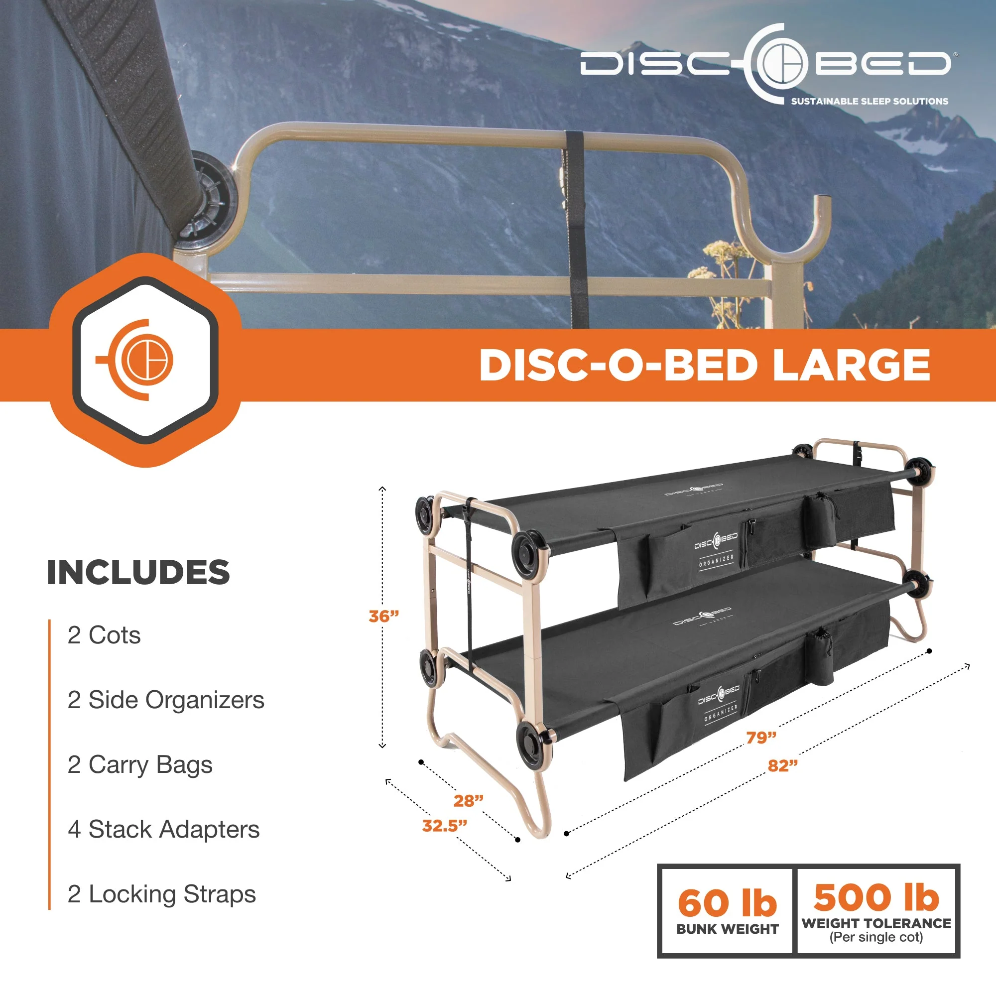 Disc-O-Bed Large Cam-O-Bunk Benchable Double Cot with Storage Organizers, Black - Image 6