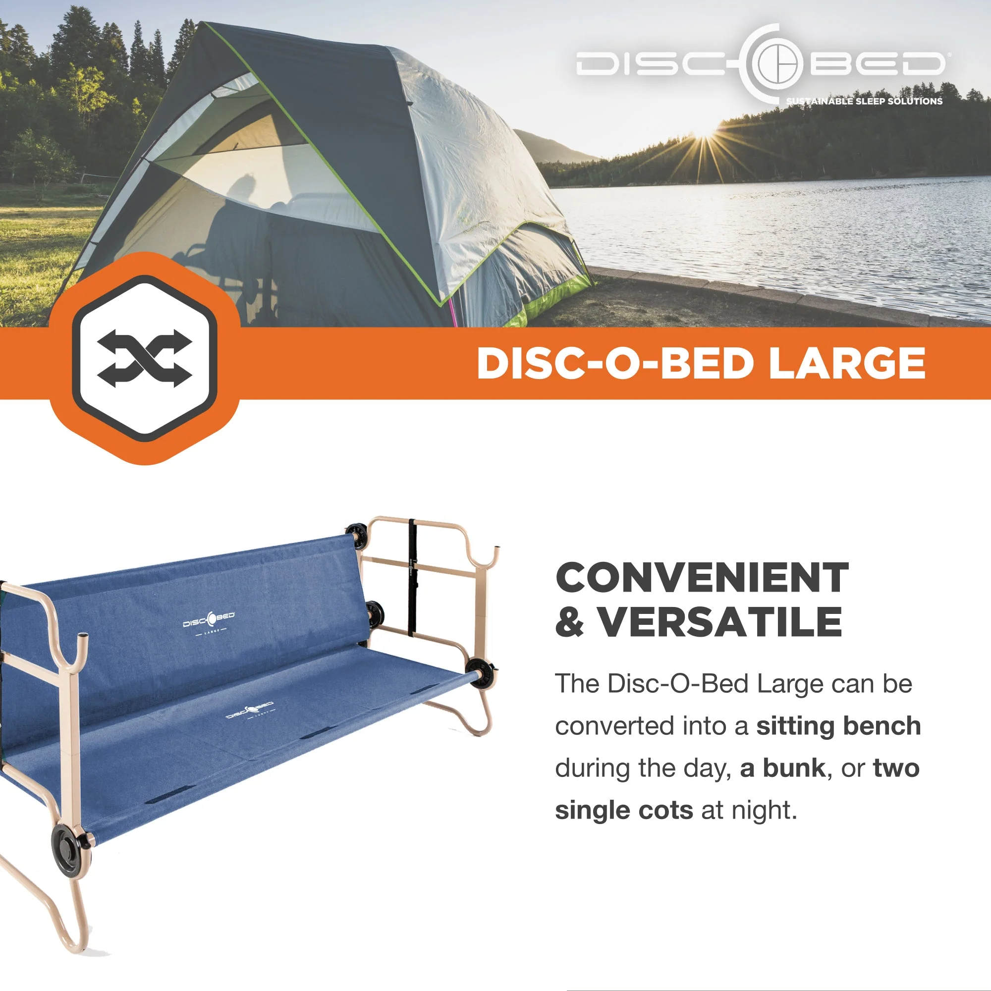 Disc-O-Bed Large Cam-O-Bunk Benchable Double Cot with Storage Organizers, Navy - Image 3