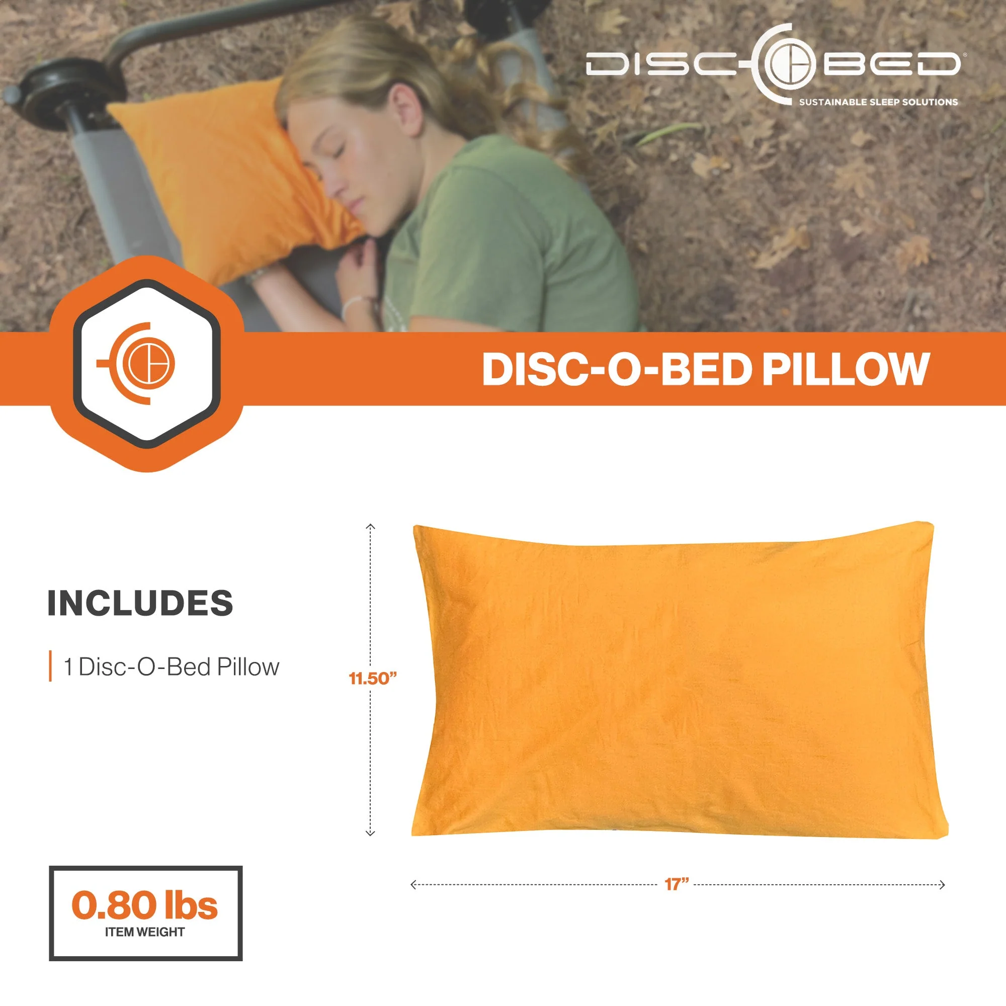 Disc-O-Bed Lightweight Travel Pillow, Camp Packable with Washable Cover, Orange - Image 3