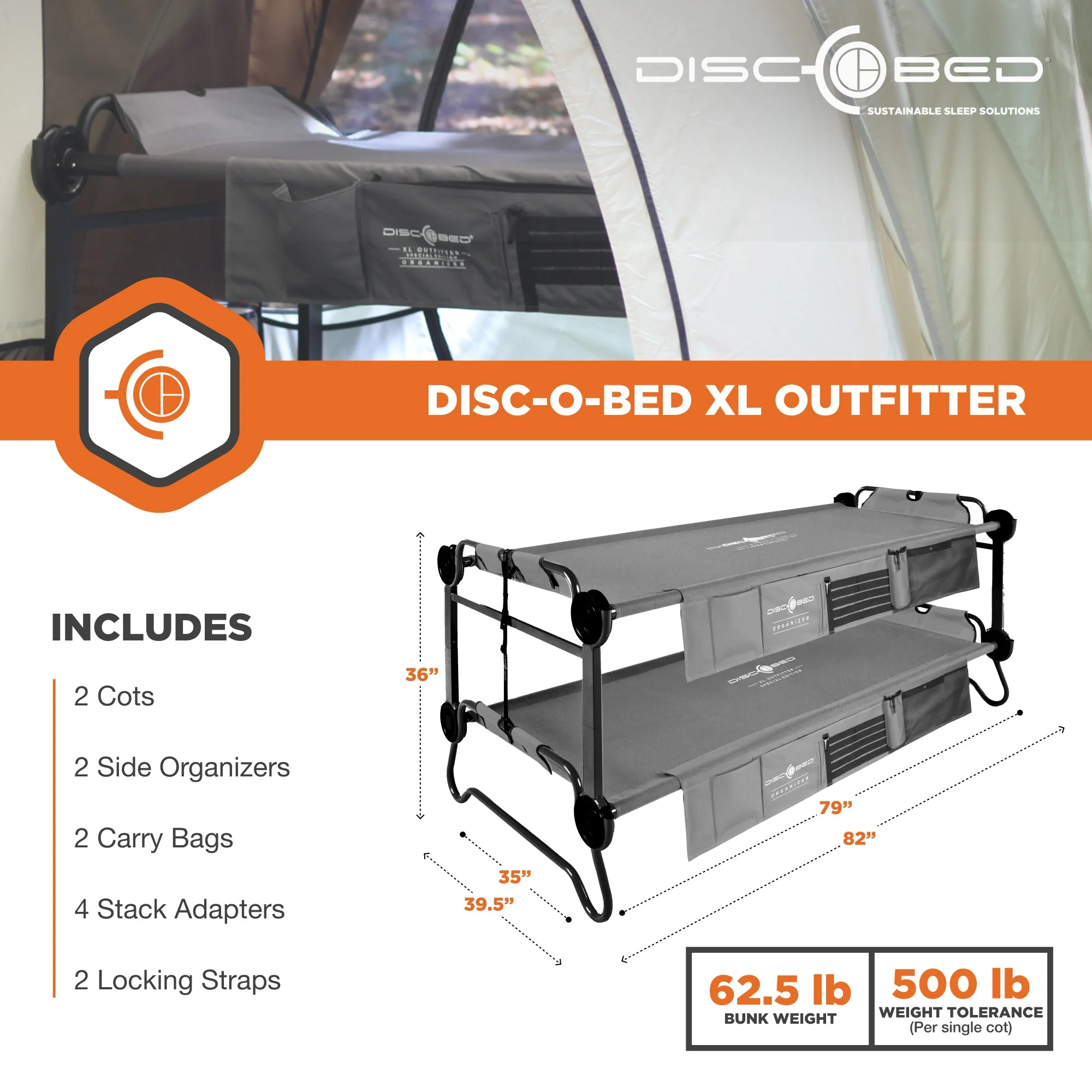 Disc-O-Bed XL Outfitter Bench Double Cot Camping Bunk with Organizers, Grey - Image 6