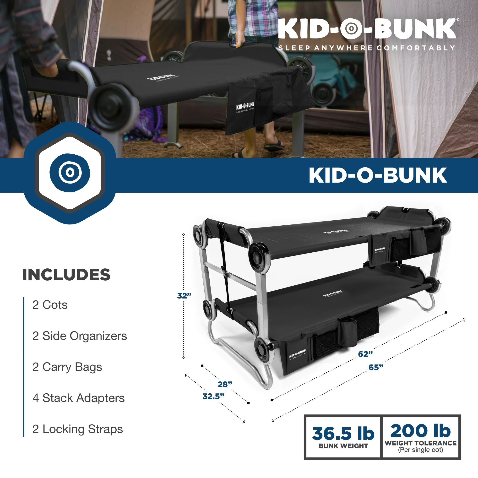 Disc-O-Bed Youth Kid-O-Bunk Benchable Double Cot with Storage Organizers, Black - Image 6