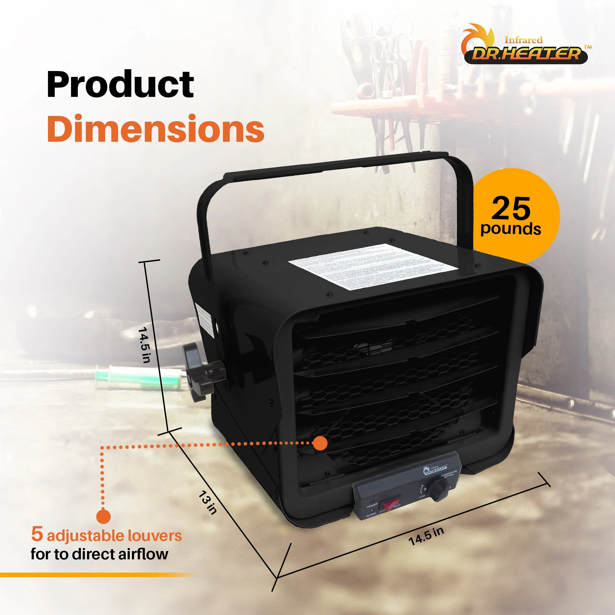 Dr. Heater DR966 240V Hardwired Garage Commercial Heater, 3000W/6000W, Black - Image 3
