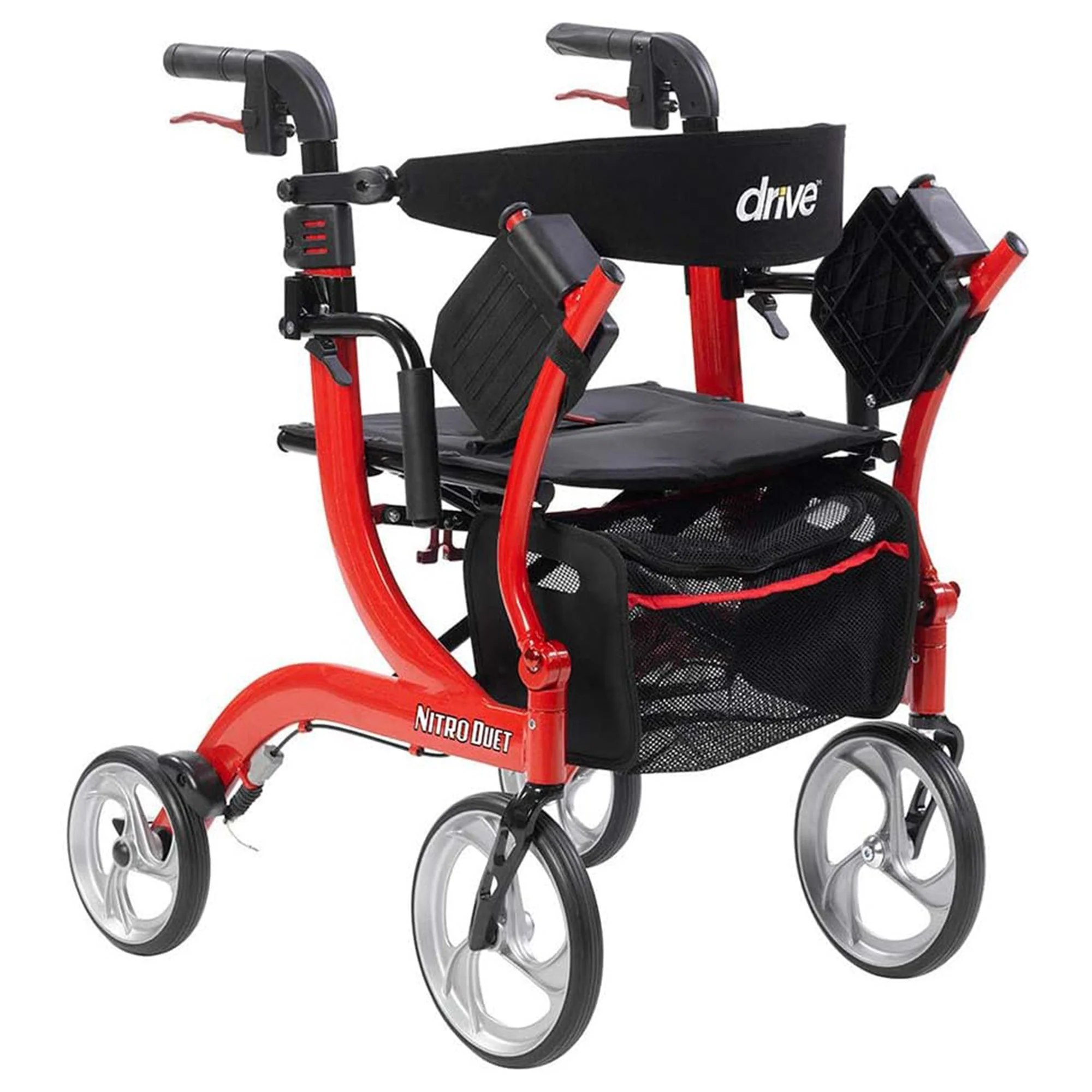 Drive Medical Nitro Duet Rollator Walker and Transport Wheelchair Chair, Red - Image 3