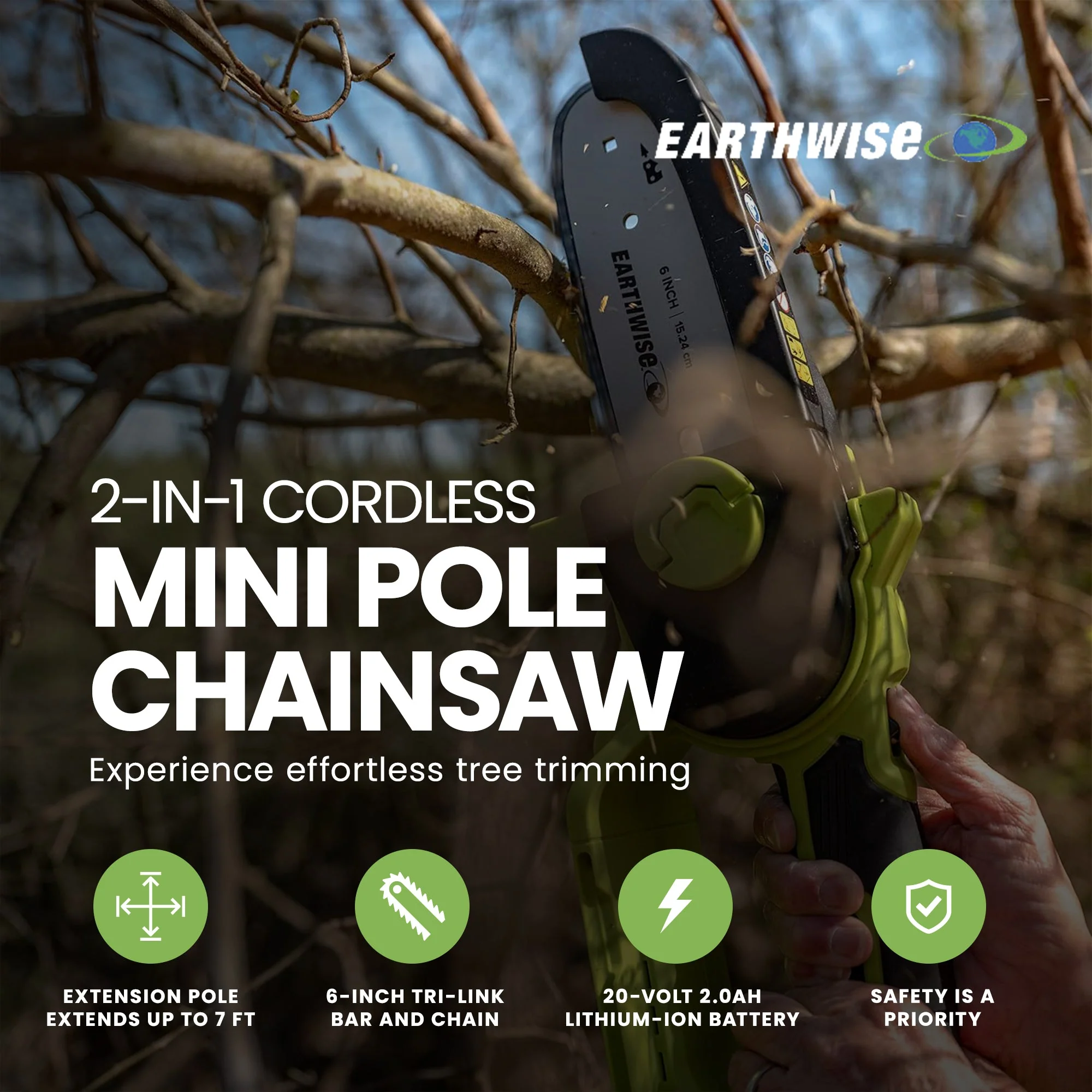 Earthwise Power Tools 16 inch Cordless Mini Pole Chainsaw with Battery Included - Image 2