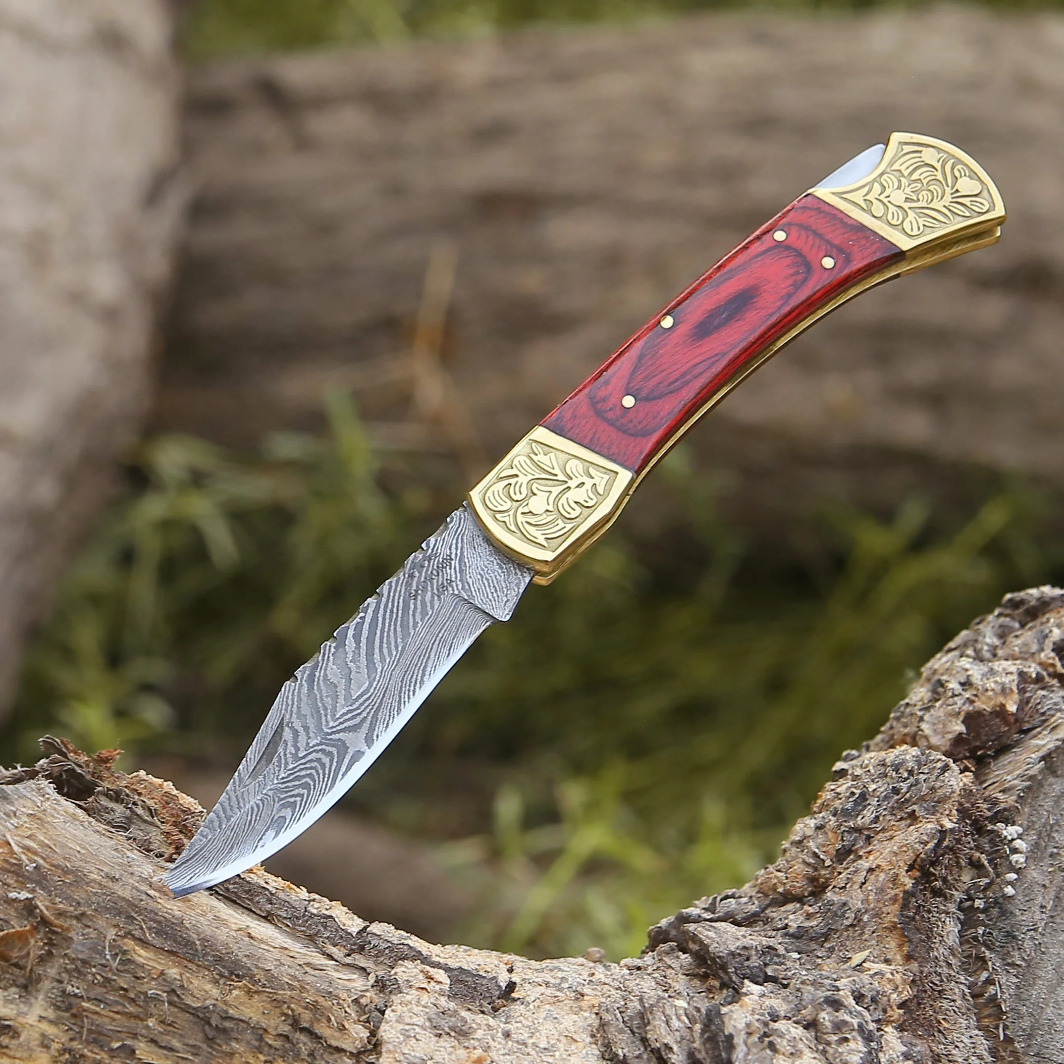 Edgefire Handmade Damascus EDC Utility Folding Knife with Leather Sheath & Pakka wood - Image 2