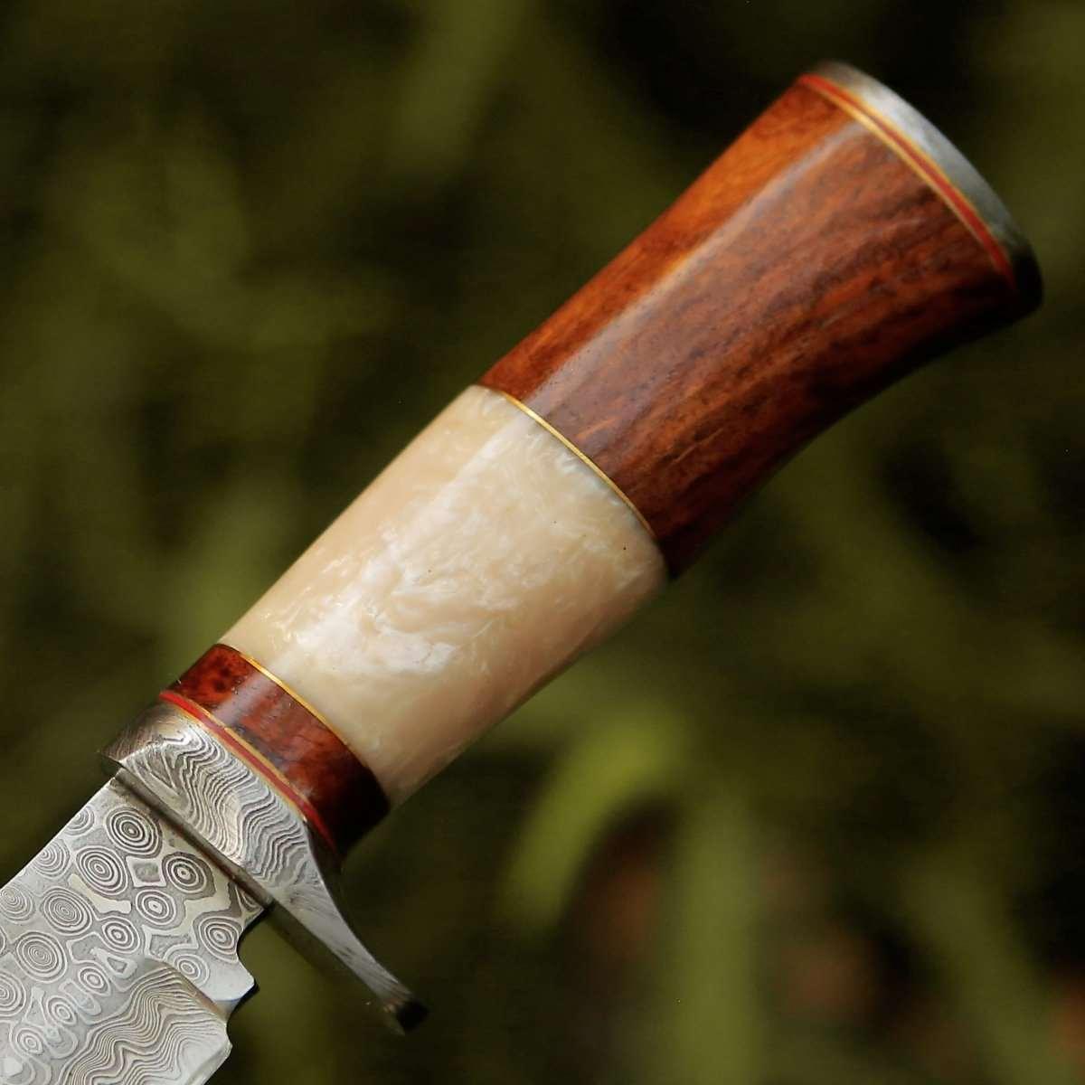 Elite Damascus Hunting Knife with Pearl & Rosewood Handle - Image 5
